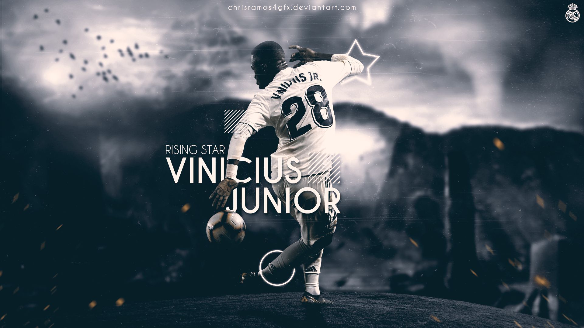 Vinícius Júnior, Rising Star, Real Madrid, Rückennummer 28, Schriftzug, Dunkel, Full-HD-Hintergrund