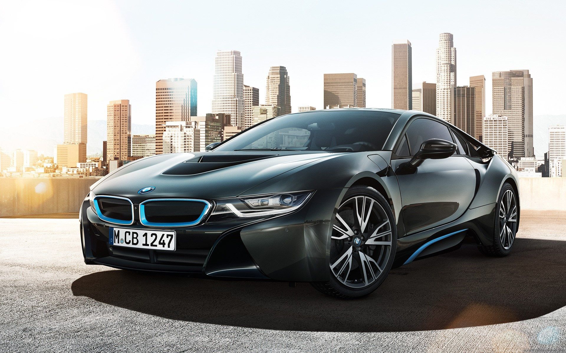 BMW i8, Los Angeles, Skyline, Graues Auto, Hybrid-Sportwagen, Full HD, MacBook-Hintergrundbild
