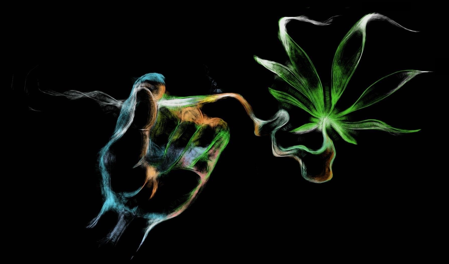 Rauchkunst, Hand, Hanfblatt, Schwarzer Hintergrund, Abstrakt, HD Wallpaper