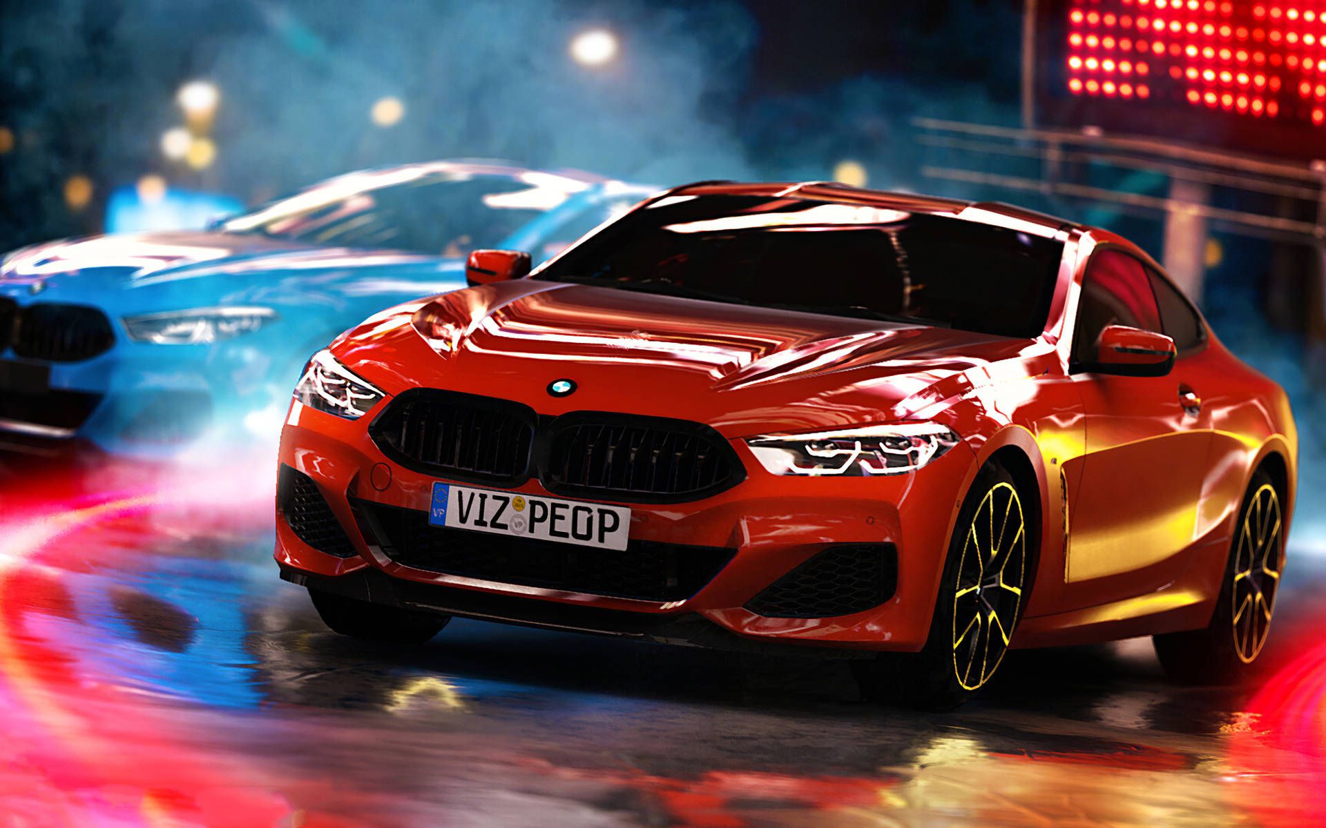 BMW M8 (F92), Rotes Auto, Neonlicht, Nacht, Digitale Kunst, Full HD, Breitbild-Hintergrundbild