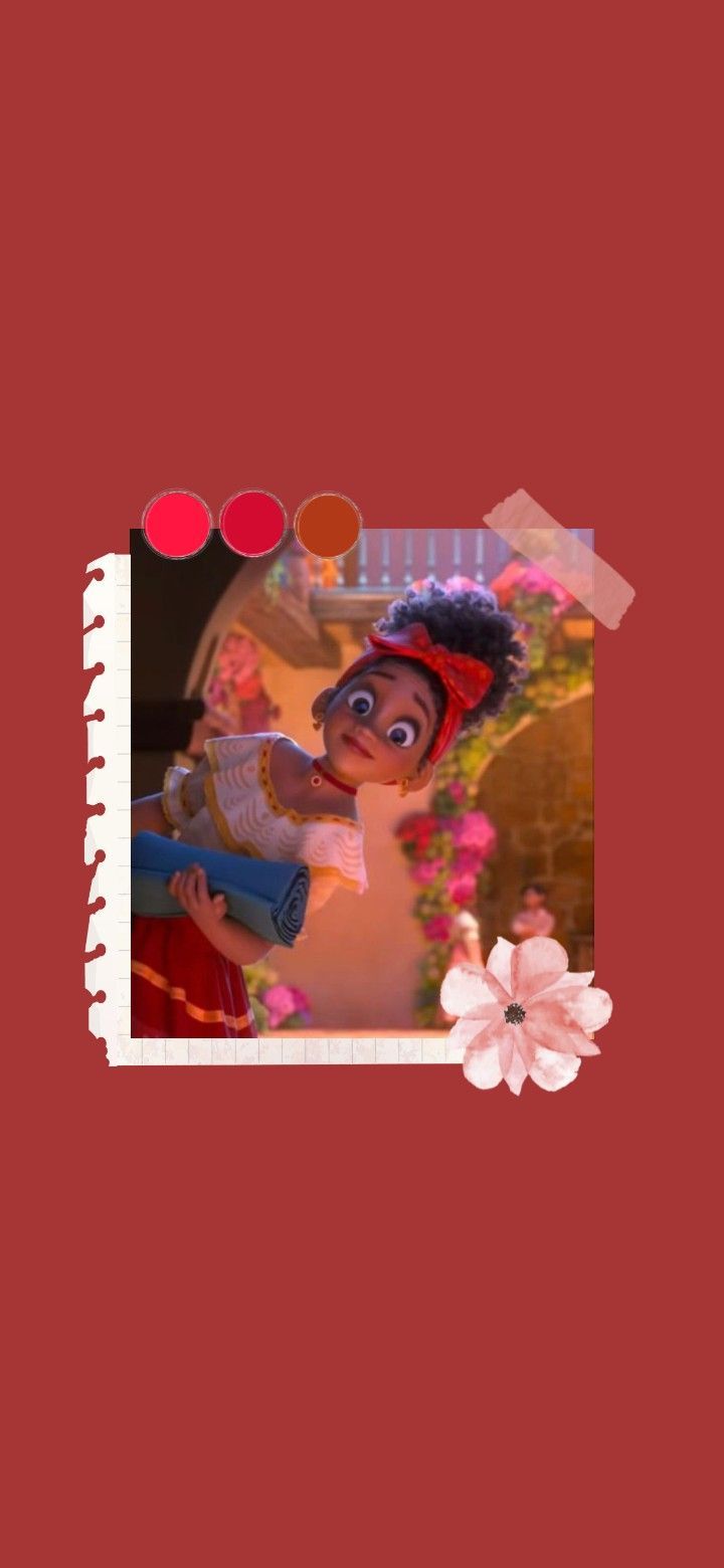 Mirabel Madrigal, Encanto, Collage, Roter Hintergrund, Blumen, Sperrbildschirm fürs iPhone