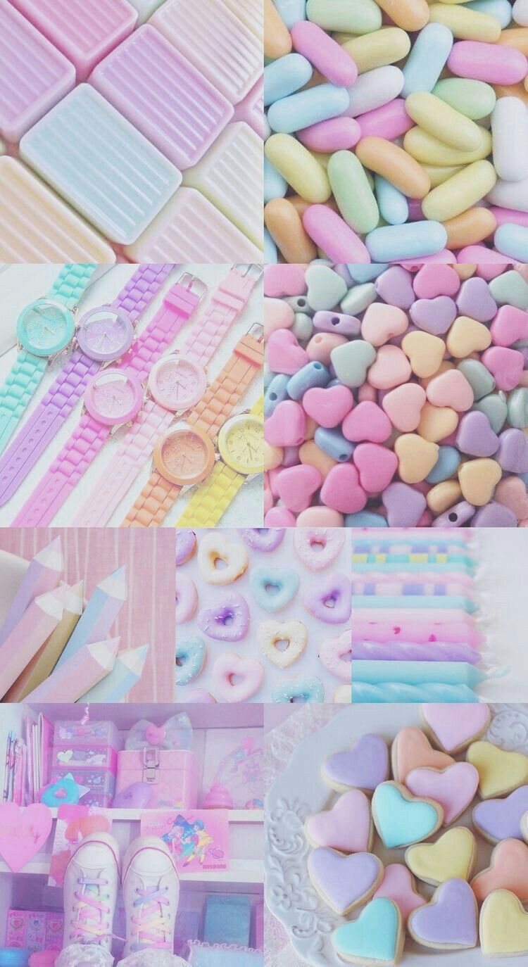Bonbons, Collage, Pastellfarben, Ästhetik, Zuckerherzen, Android-Hintergrundbild