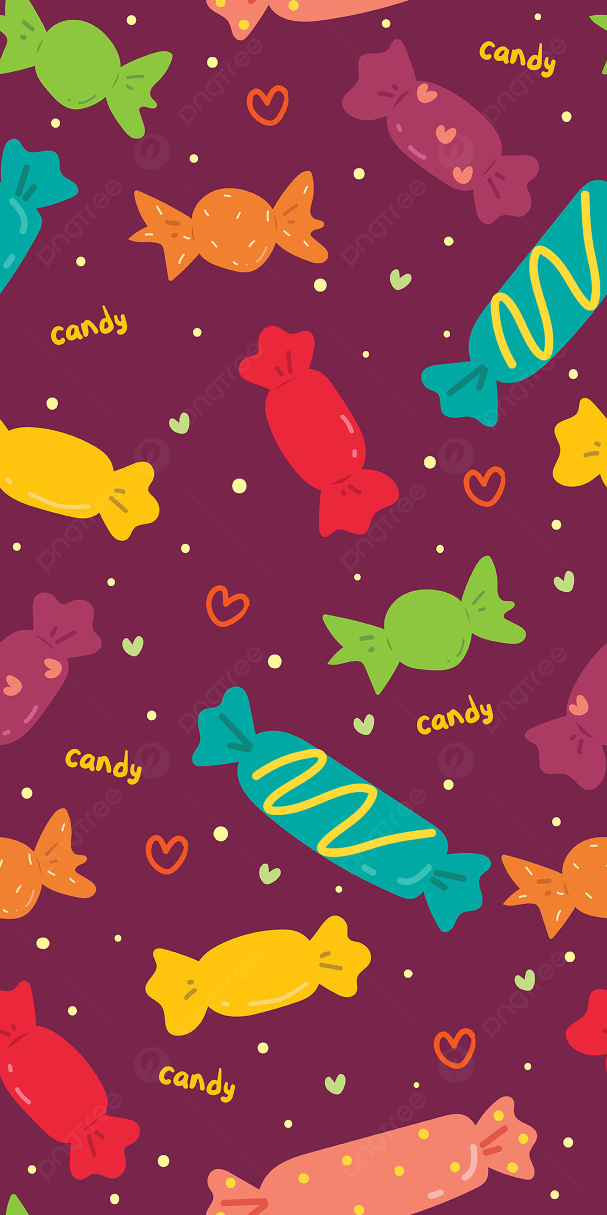 Bonbons, Muster, Weinroter Hintergrund, Cartoon, Bunt, Full HD, Sperrbildschirm fürs iPhone