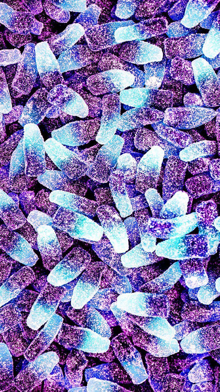 Saure Gummifläschchen, Fruchtgummi, Lila, Blau, Zuckerkristalle, Hintergrundbild fürs Handy