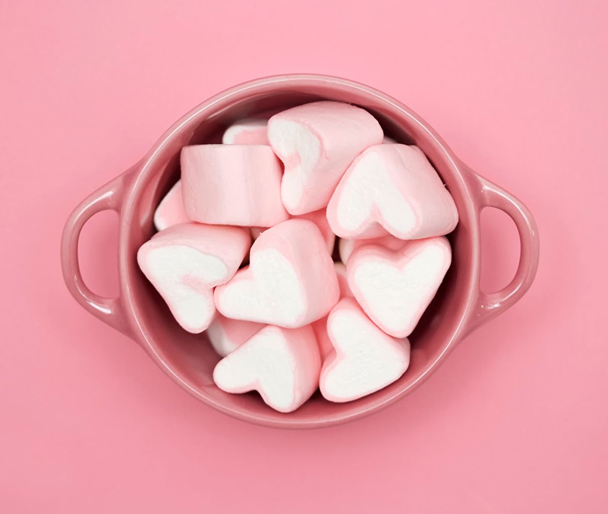 Marshmallows, Herzform, Schüssel, Rosa Hintergrund, Draufsicht, Wallpaper