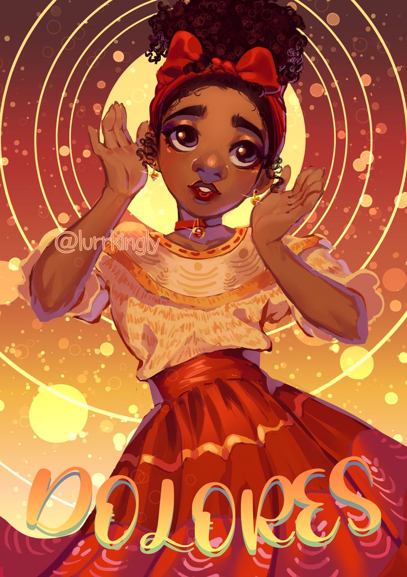 Dolores Madrigal, Encanto, Fan-Art, Goldenes Licht, Rotes Kleid, Hintergrundbild fürs iPad
