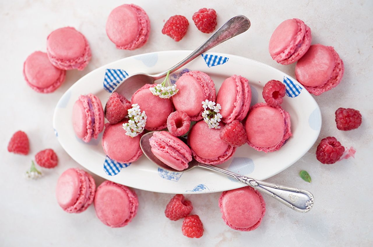Macarons, Himbeeren, Teller, Löffel, Rosa, HD, Hintergrundbild für den PC