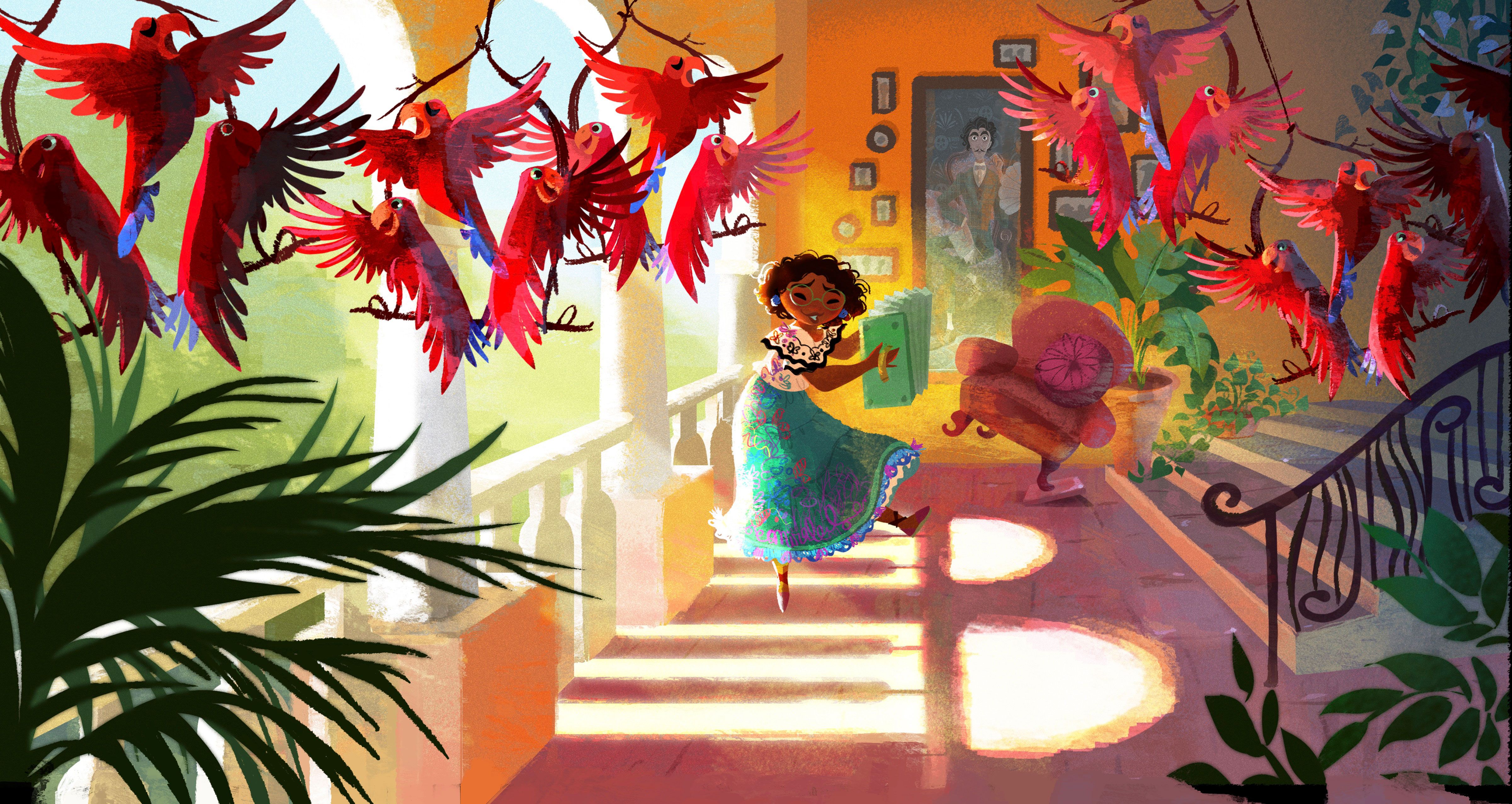 Mirabel Madrigal, Encanto, Rote Blüten, Tanz, Sonnenlicht, Treppe, 4K, Desktop-Hintergrund