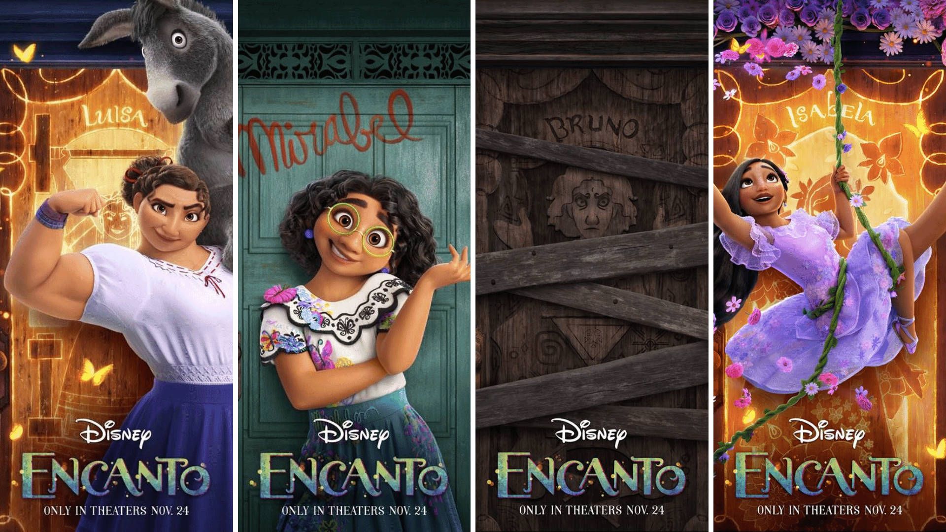 Luisa Madrigal, Mirabel Madrigal, Bruno Madrigal, Isabela Madrigal, Encanto, Charakterplakate, 1080p Wallpaper