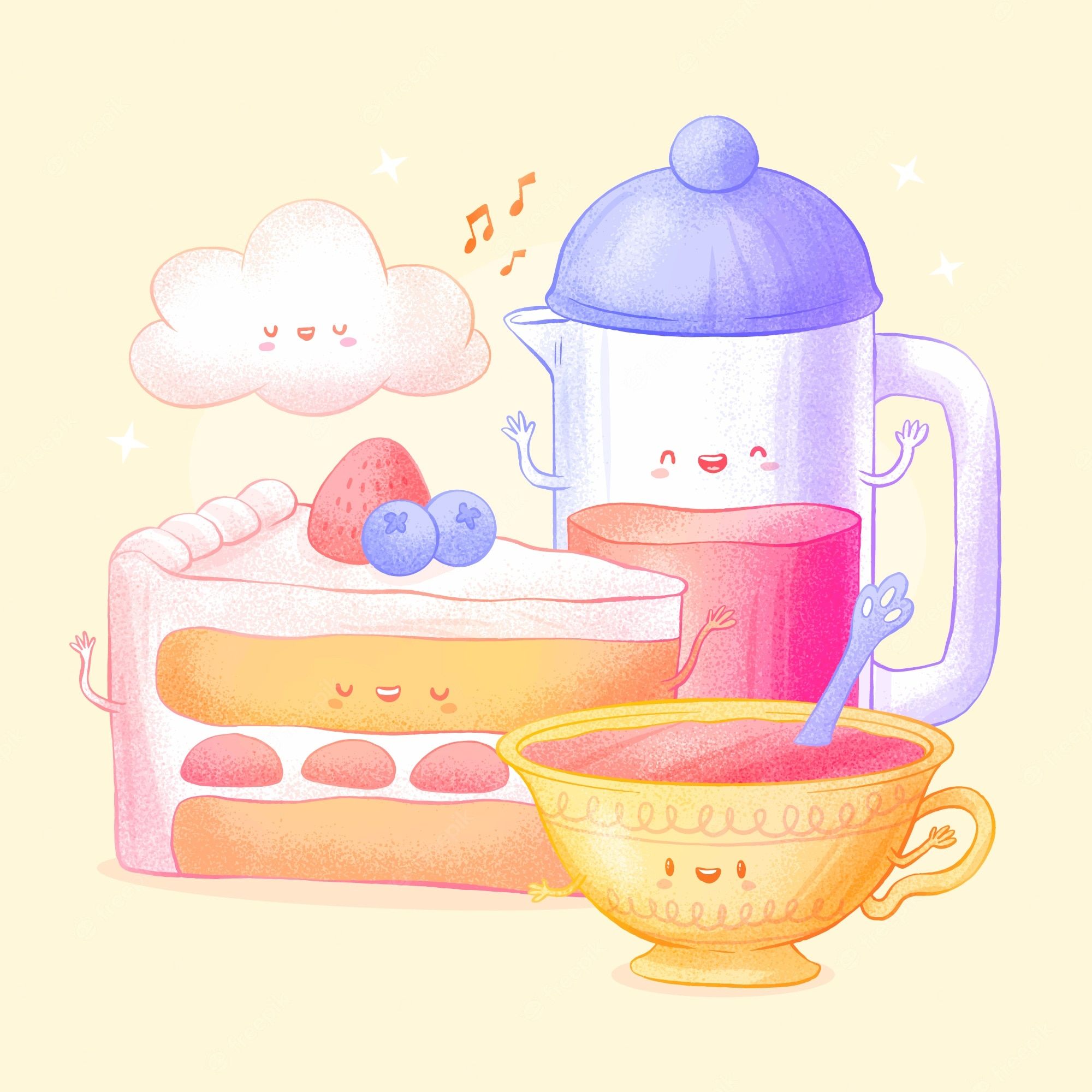 Kuchen, Tee, Teekanne, Kawaii, Illustration, Pastellfarben, Hintergrundbild fürs iPad