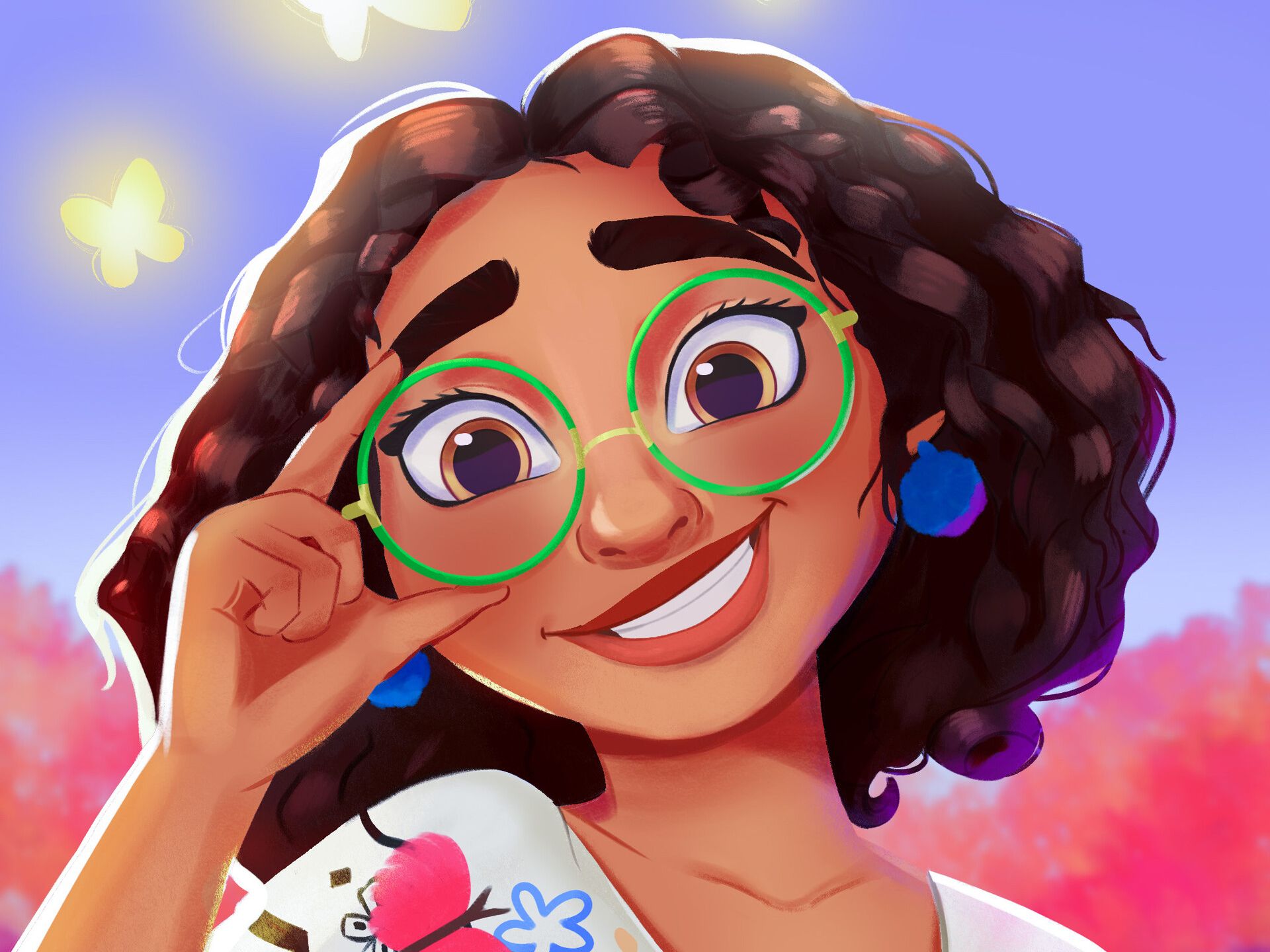 Mirabel Madrigal, Encanto, Fan-Art, Grüne Brille, Lächeln, Schmetterlinge, Full HD, Tablet-Hintergrund