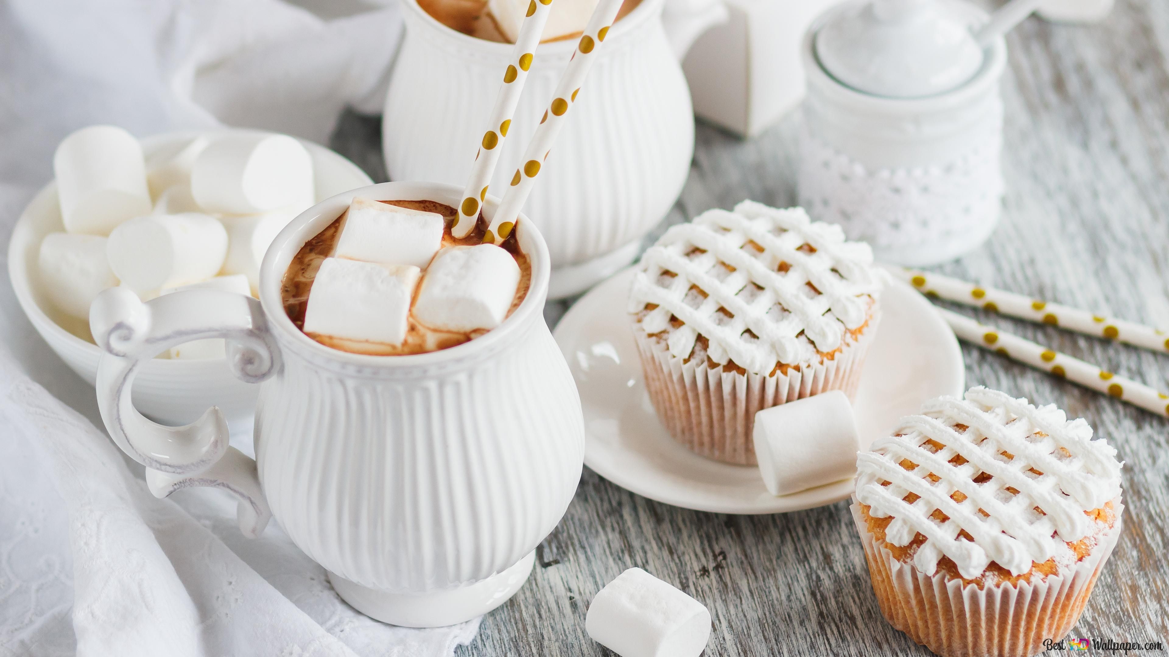 Heiße Schokolade, Marshmallows, Cupcakes, Weiß, Gemütlich, 4K, Windows-Hintergrundbild