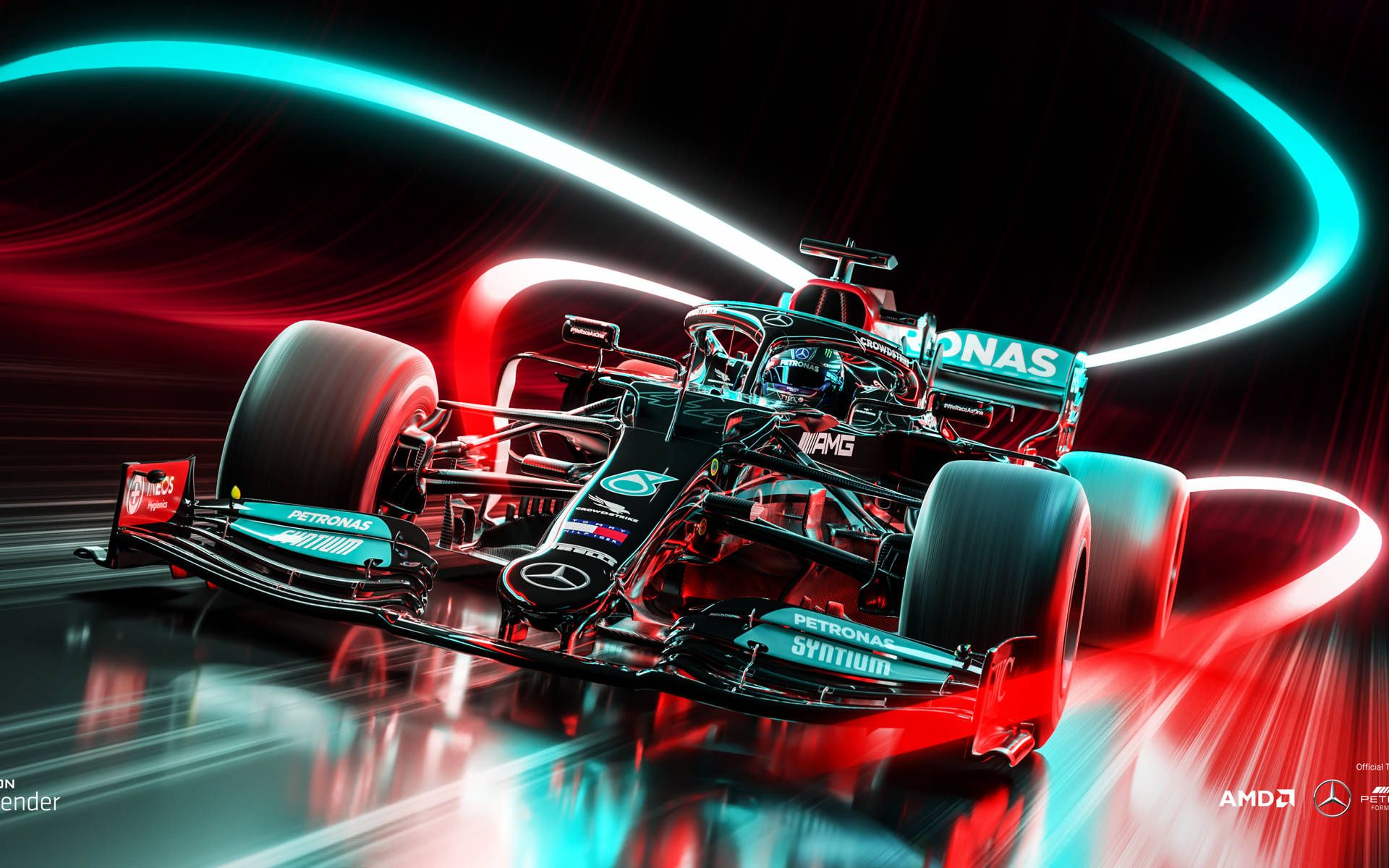 Mercedes-AMG Petronas, Lichtspuren, Rot und Türkis, Digitale Kunst, Full HD, MacBook-Hintergrundbild