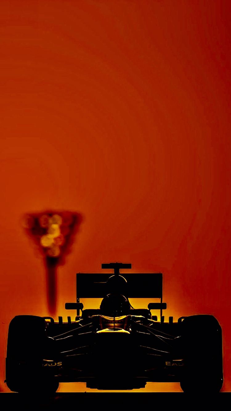 Formel-1-Wagen, Silhouette, Oranger Hintergrund, Hochformat, Sperrbildschirm fürs iPhone