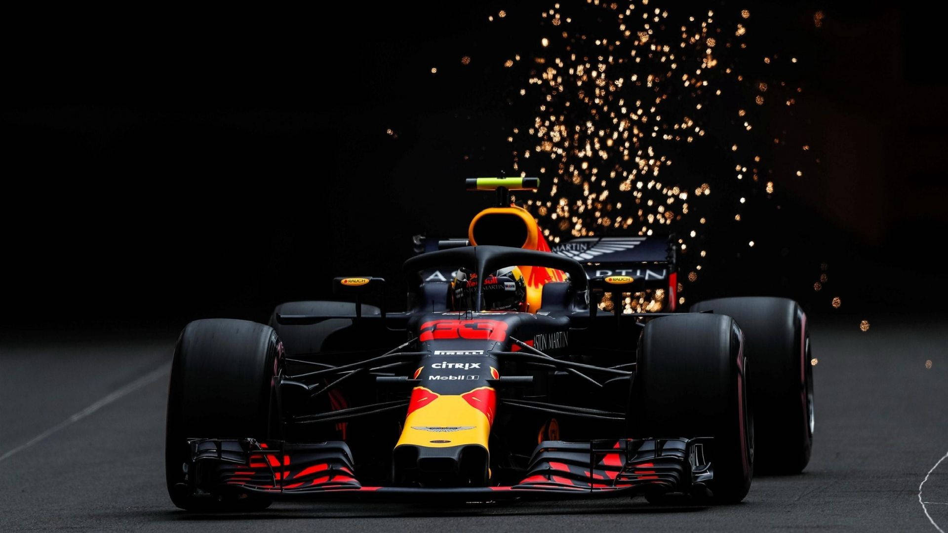 Red Bull Racing, Funkenflug, Nacht, Frontansicht, Rennwagen, 1920x1080, Desktop-Hintergrund