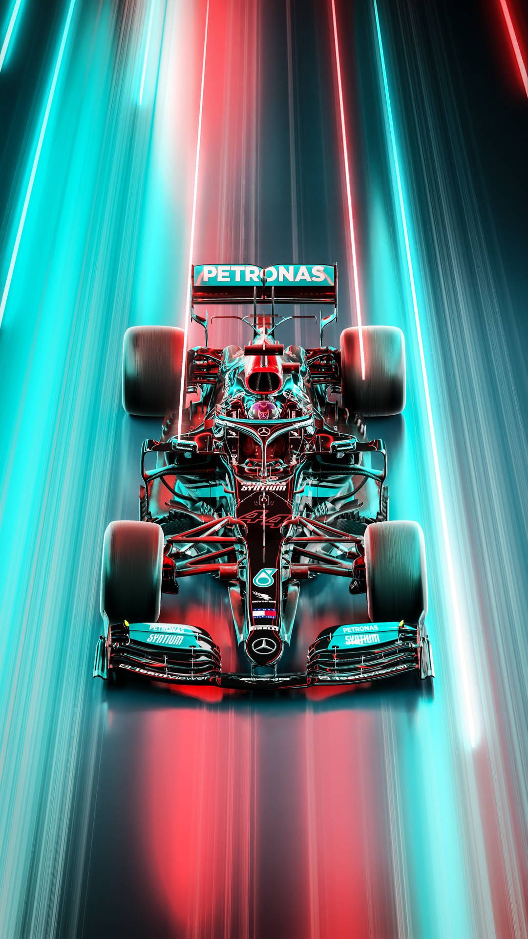 Mercedes-AMG Petronas, Draufsicht, Lichtstreifen, Türkis und Rot, Hochformat, Smartphone-Hintergrund
