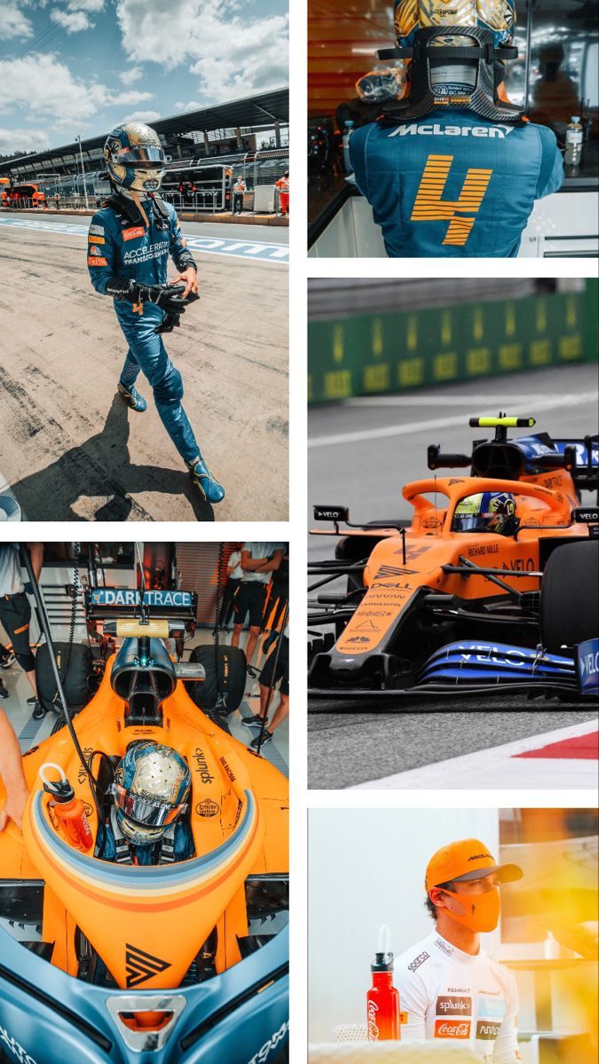 Lando Norris, McLaren, Collage, Orange, Hochformat, Hintergrundbild für iPhone und Android