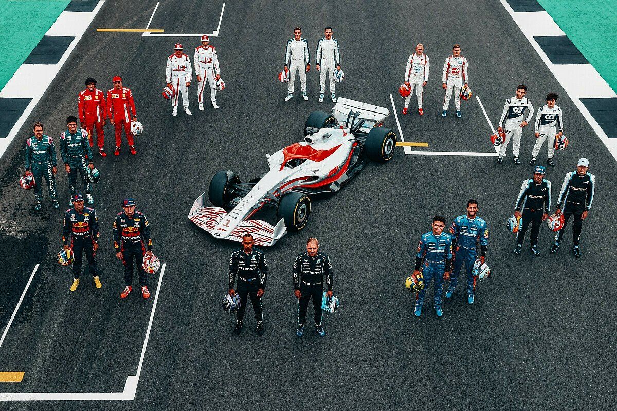Formel-1-Wagen 2022, Fahrerfeld, Präsentation, Startaufstellung, Luftaufnahme, Hintergrund