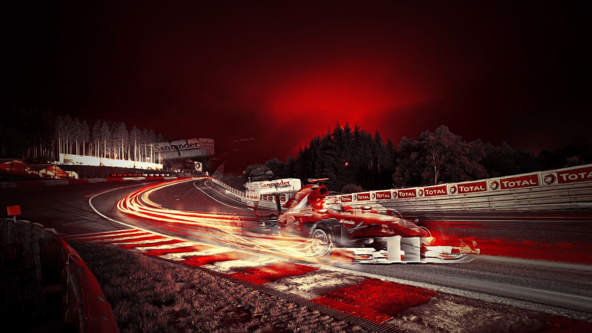 Ferrari, Lichtspuren, Rennstrecke, Nacht, Rote Stimmung, Digitale Kunst, Full HD, Breitbild-Hintergrundbild