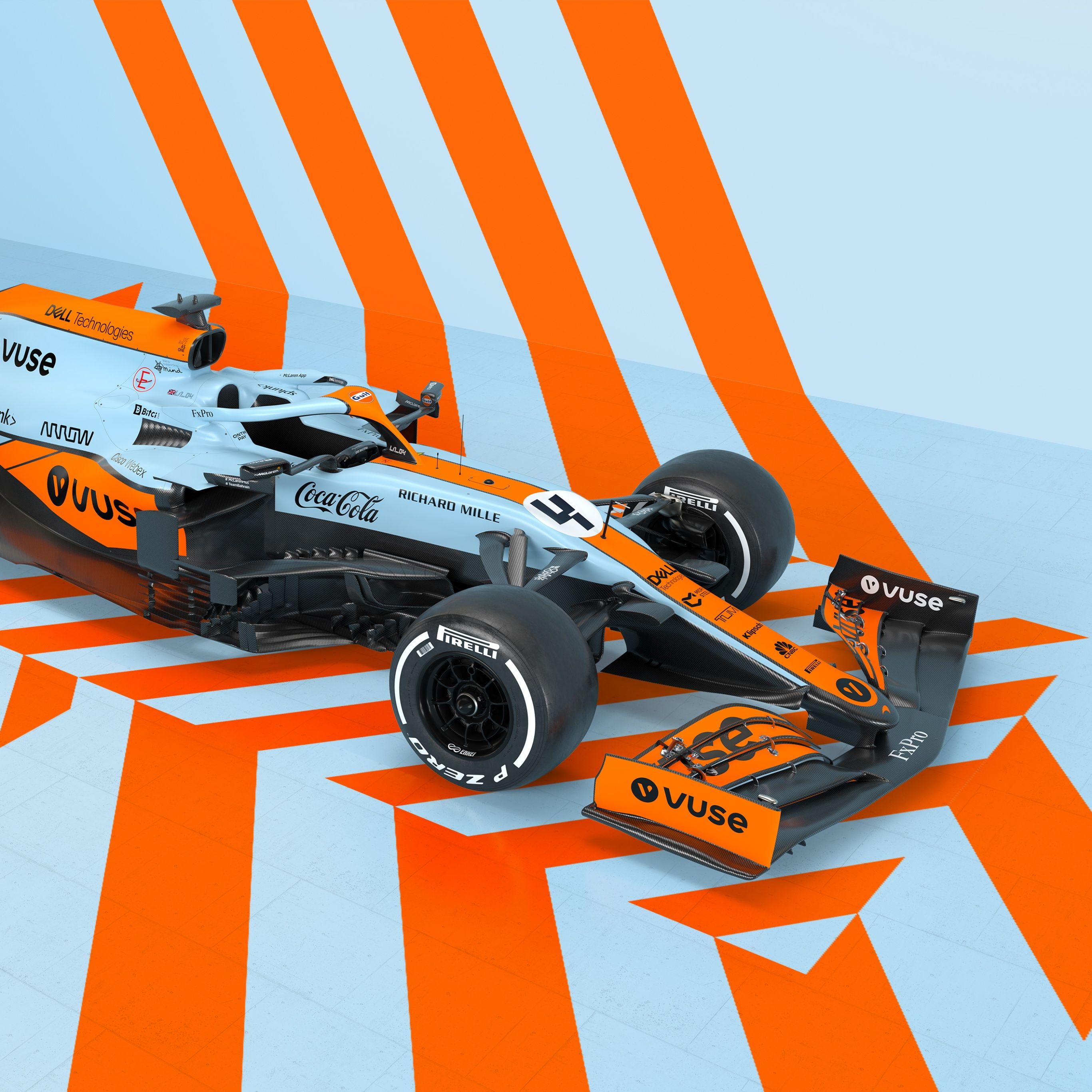 McLaren MCL35M, Gulf-Lackierung, Orange Streifen, Hellblau, Hochformat, Hintergrundbild fürs Tablet