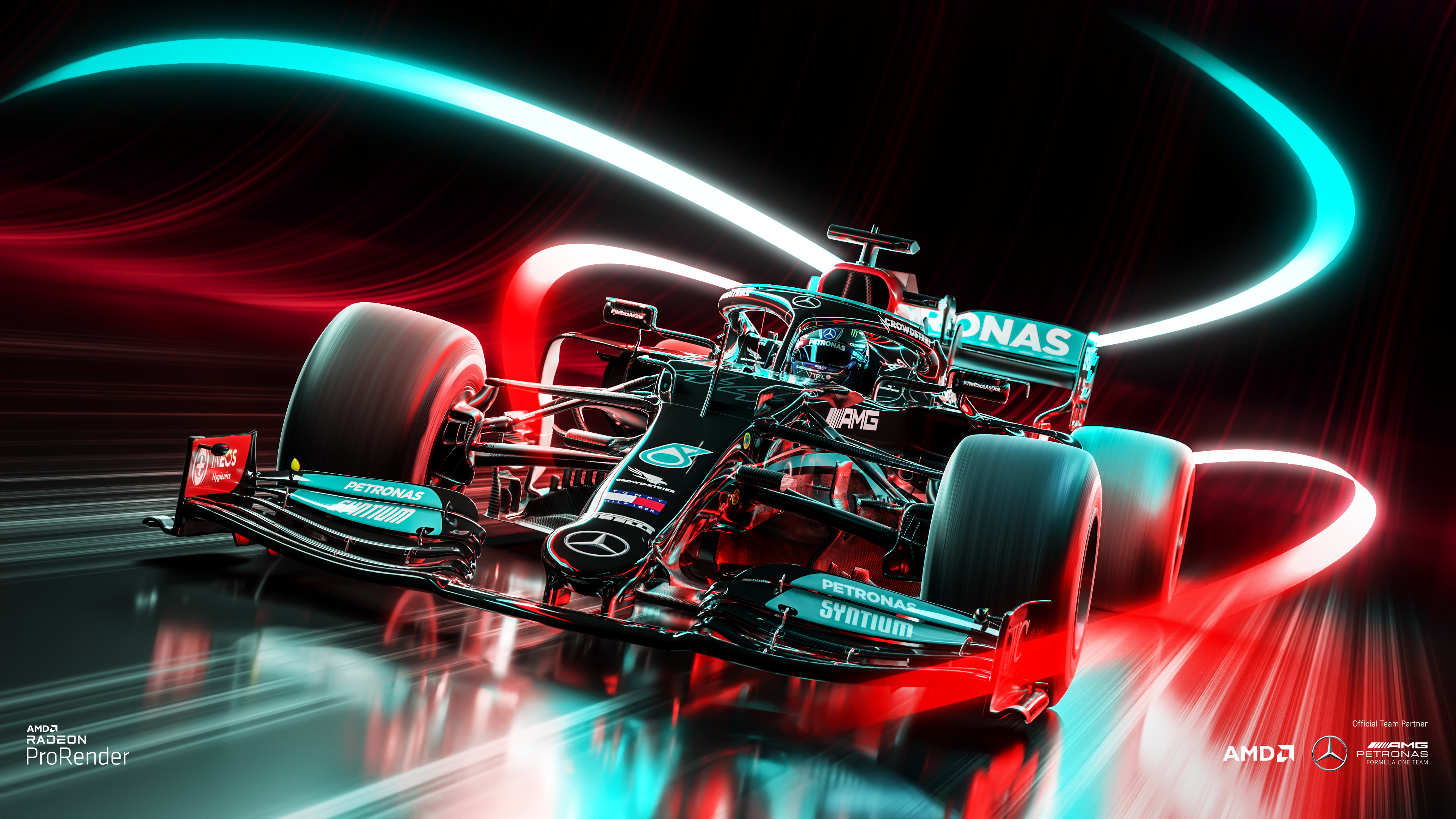 Mercedes-AMG Petronas, Lichtspuren, Digitale Kunst, Rot und Türkis, 3840x2160, PC-Hintergrundbild