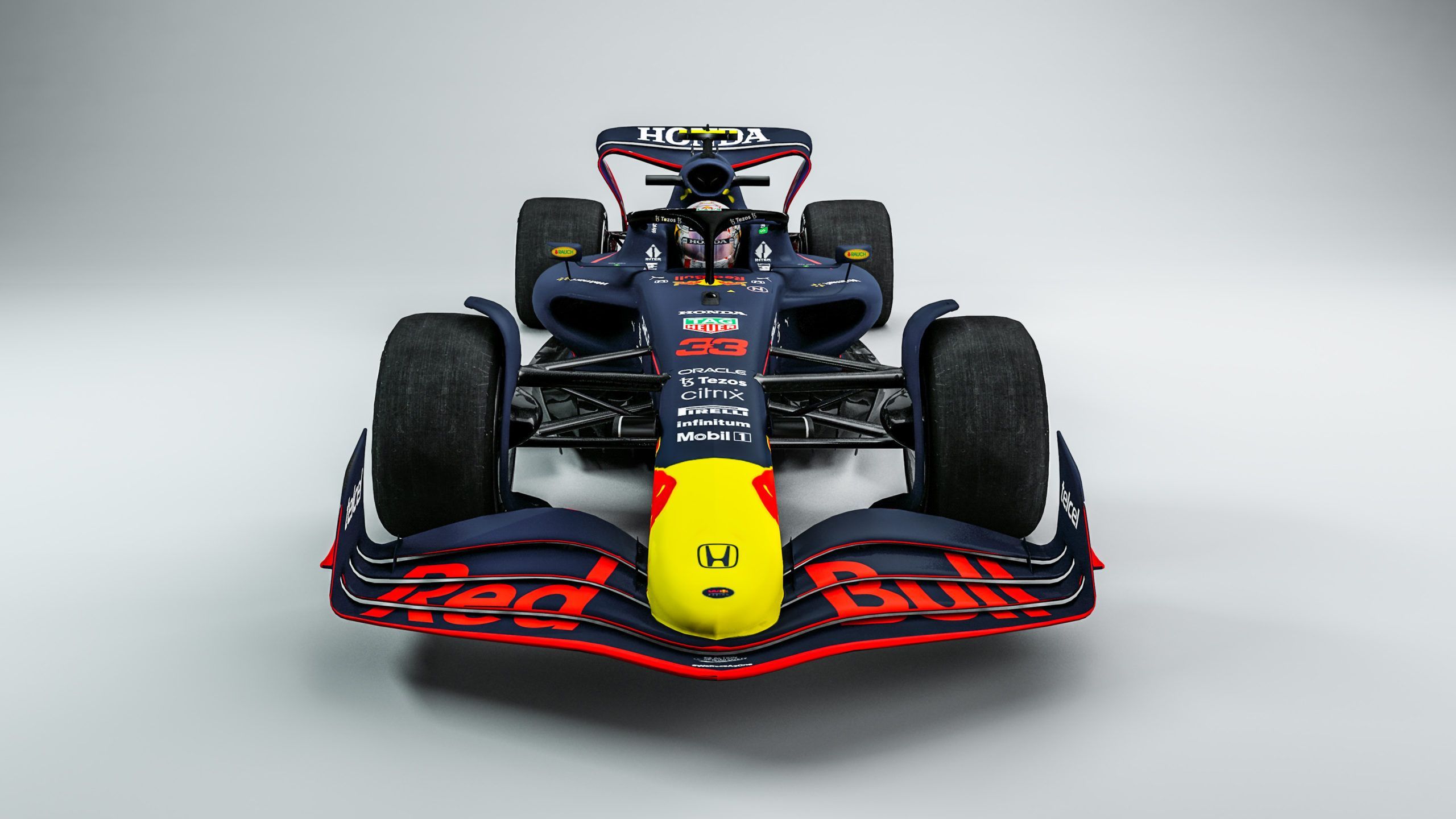 Red Bull Racing, Frontansicht, Honda, Studio, Grauer Hintergrund, 2K Wallpaper