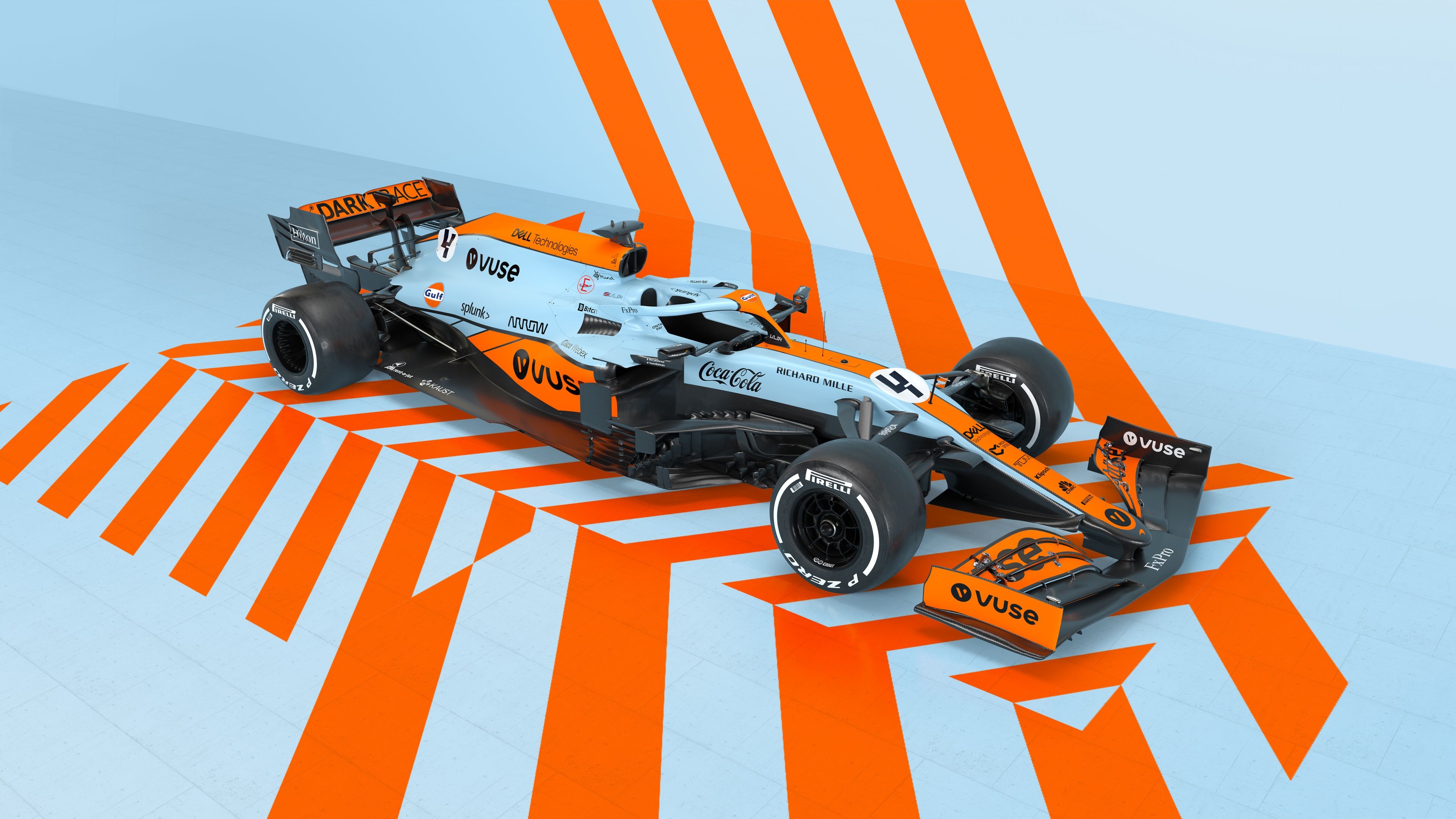 McLaren MCL35M, Gulf-Lackierung, Orange Streifen, Hellblau, Draufsicht, 3840x2160, Desktop-Hintergrund