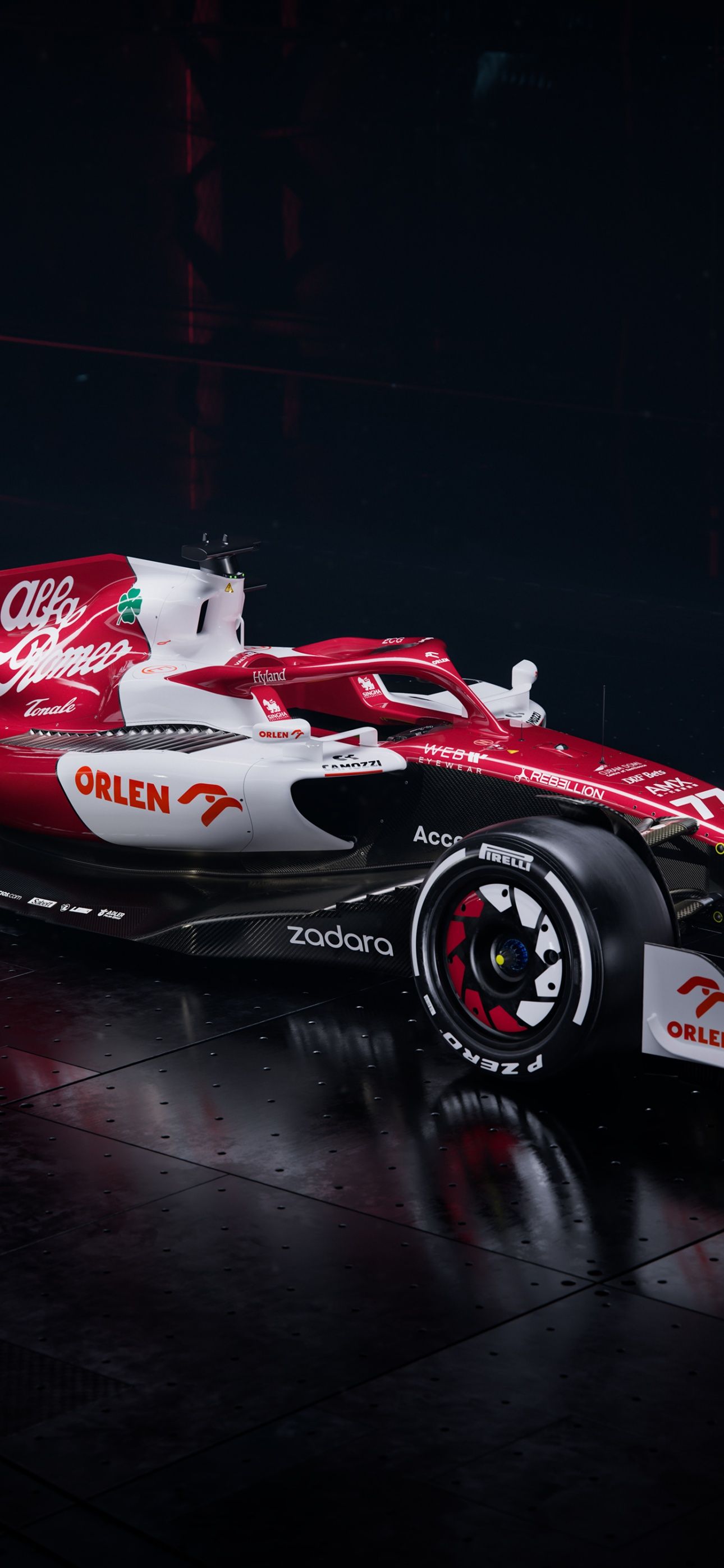Alfa Romeo, Formel-1-Wagen, Rot-Weiß, Dunkler Hintergrund, Detailaufnahme, Sperrbildschirm fürs iPhone