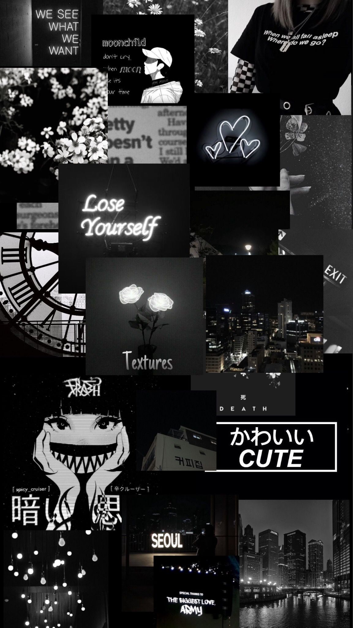 Collage, Schwarz-Weiß, Ästhetik, Neonschrift, Nachtstadt, Dunkel, Full HD, Handy-Hintergrund