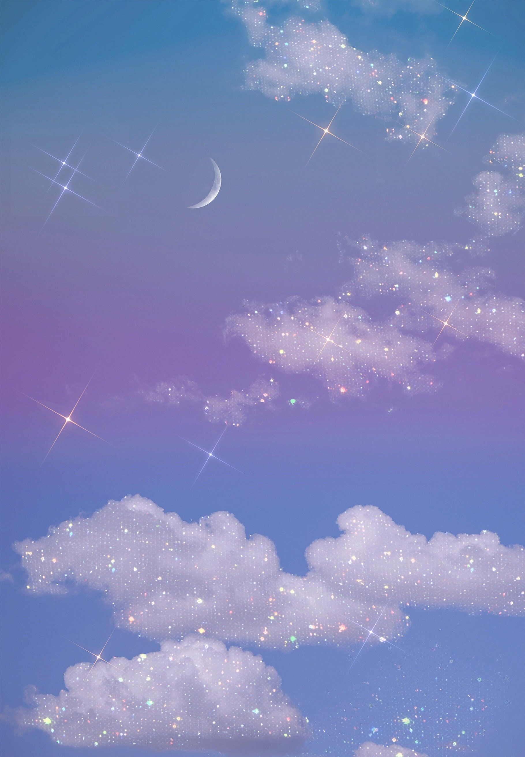 Wolken, Mondsichel, Pastellhimmel, Blau und Lila, Sterne, QHD+, iPad-Hintergrundbild