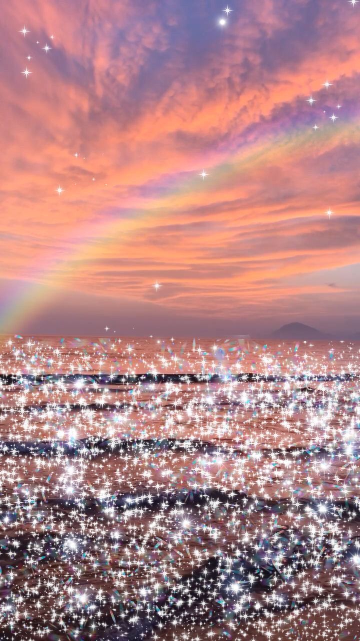 Sonnenuntergang, Regenbogen, Glitzermeer, Wolken, Fantasie, Hintergrundbild fürs Handy