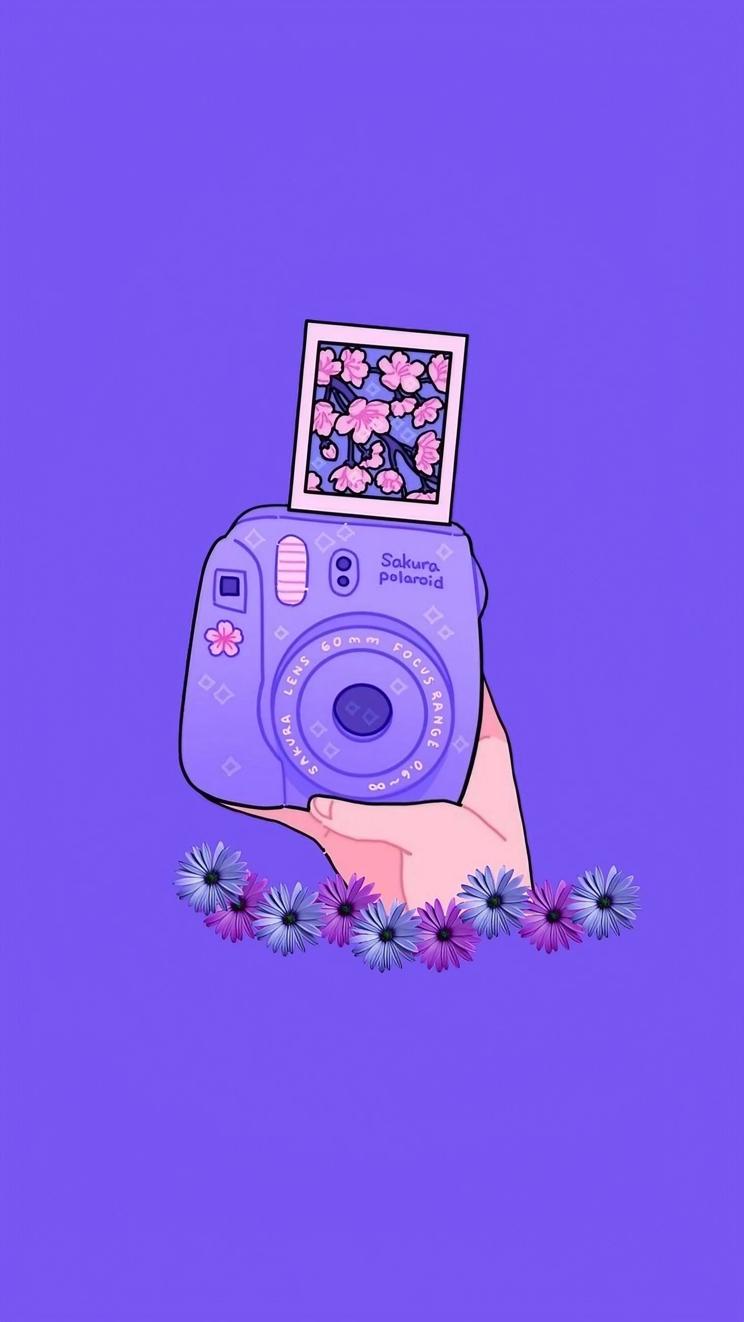 Instax Mini, Sofortbildkamera, Lila Hintergrund, Blumen, Illustration, Sperrbildschirm fürs iPhone