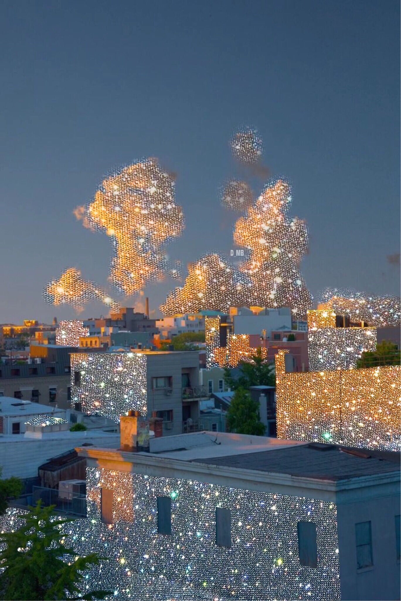 Dächer, Glitzerwolken, Abendhimmel, Stadt, Surreal, Full HD, iPad-Hintergrundbild