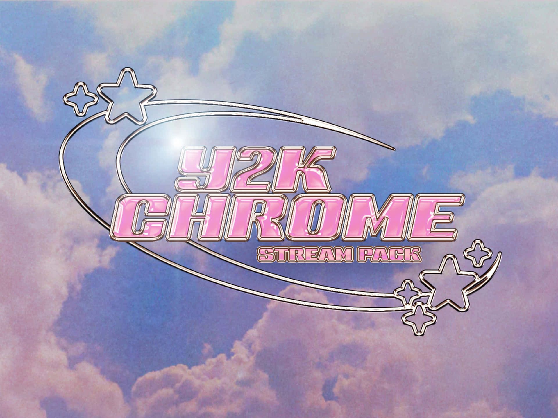 Y2K Chrome, Chromschrift, Sterne, Wolken, Rosa Himmel, Full HD, iPad-Hintergrundbild