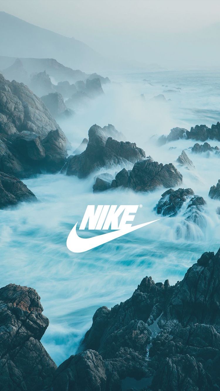 Nike, Logo, Felsküste, Meer, Nebel, Hintergrundbild für iPhone und Android