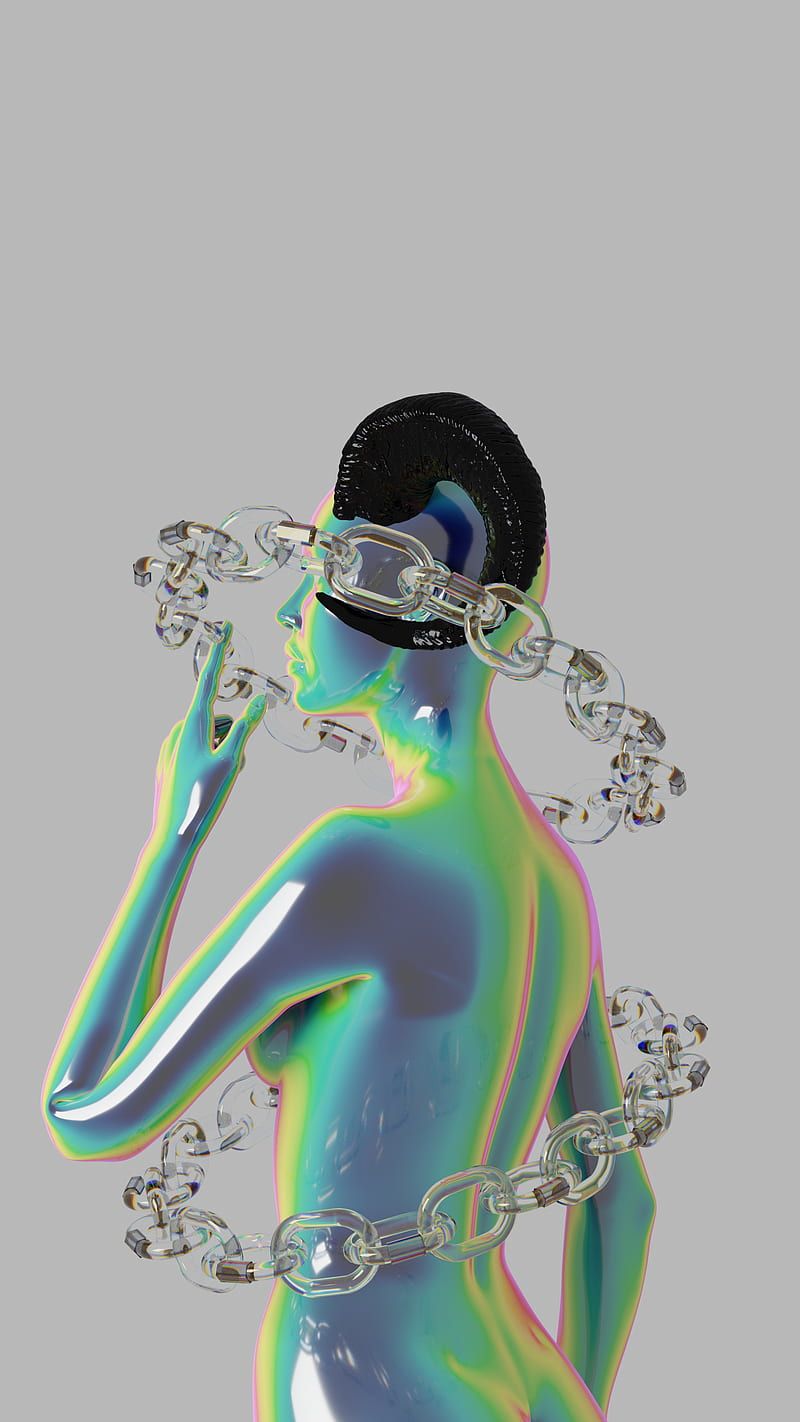3D-Kunst, Holografische Figur, Chrom, Grau Hintergrund, HD, Sperrbildschirm fürs iPhone