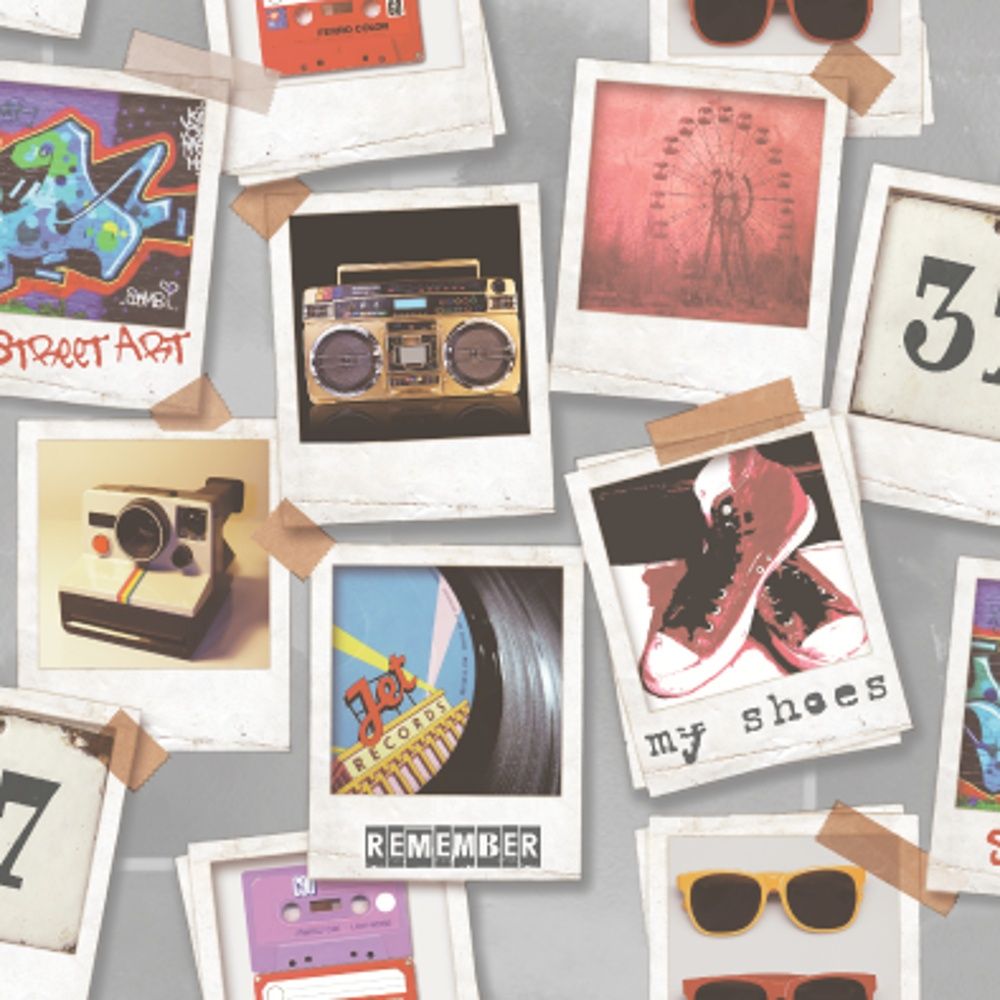 Polaroid-Fotos, Collage, Kassettenrekorder, Sneaker, Sonnenbrille, Retro, Hintergrundbild fürs Tablet