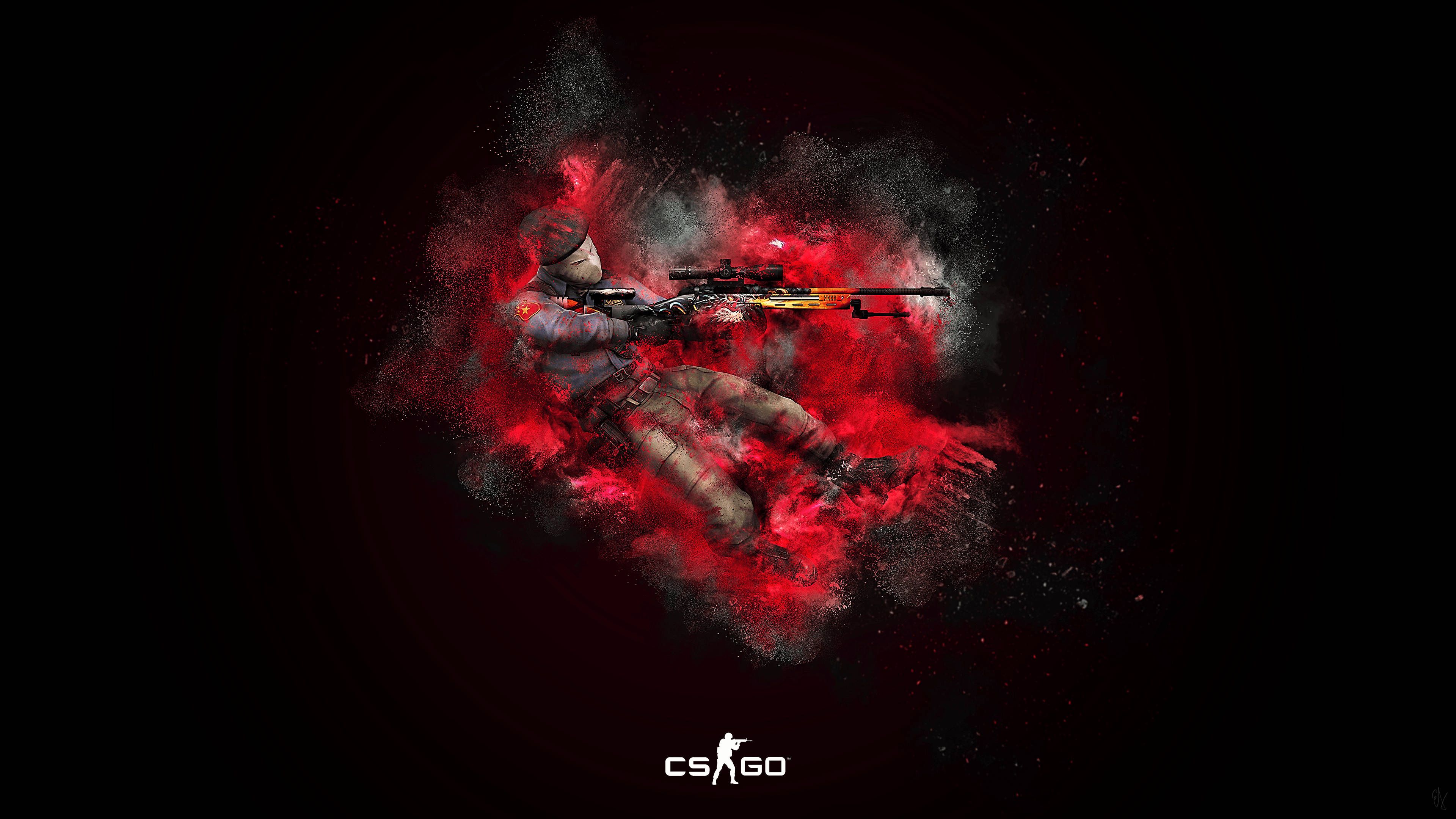 Counter-Strike: Global Offensive, Soldat, Roter Rauch, Sturmgewehr, Schwarzer Hintergrund, 4K Wallpaper