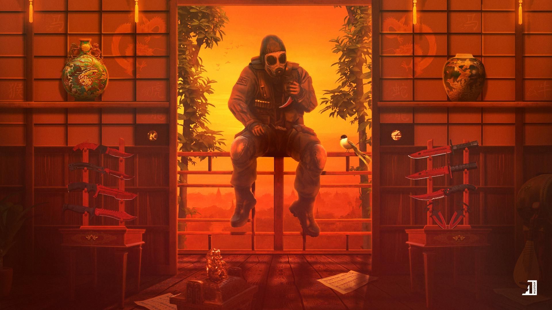 CS:GO, Terrorist, Japanisches Interieur, Orange Licht, Digital Art, Full HD, PC-Hintergrundbild