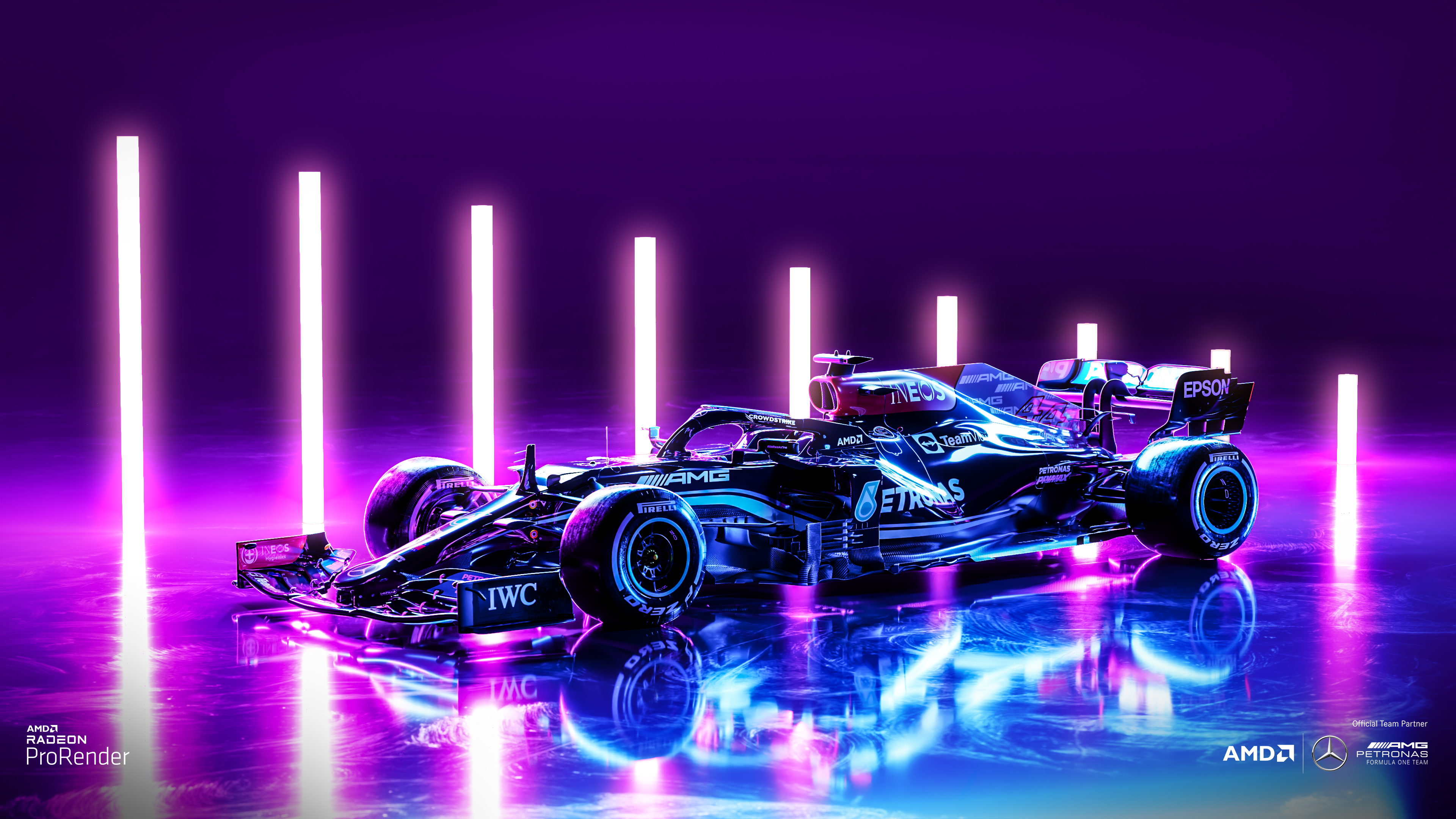 Mercedes-AMG Petronas, AMD, Neonröhren, Lila Licht, 3D-Render, 4K, Windows-Hintergrundbild