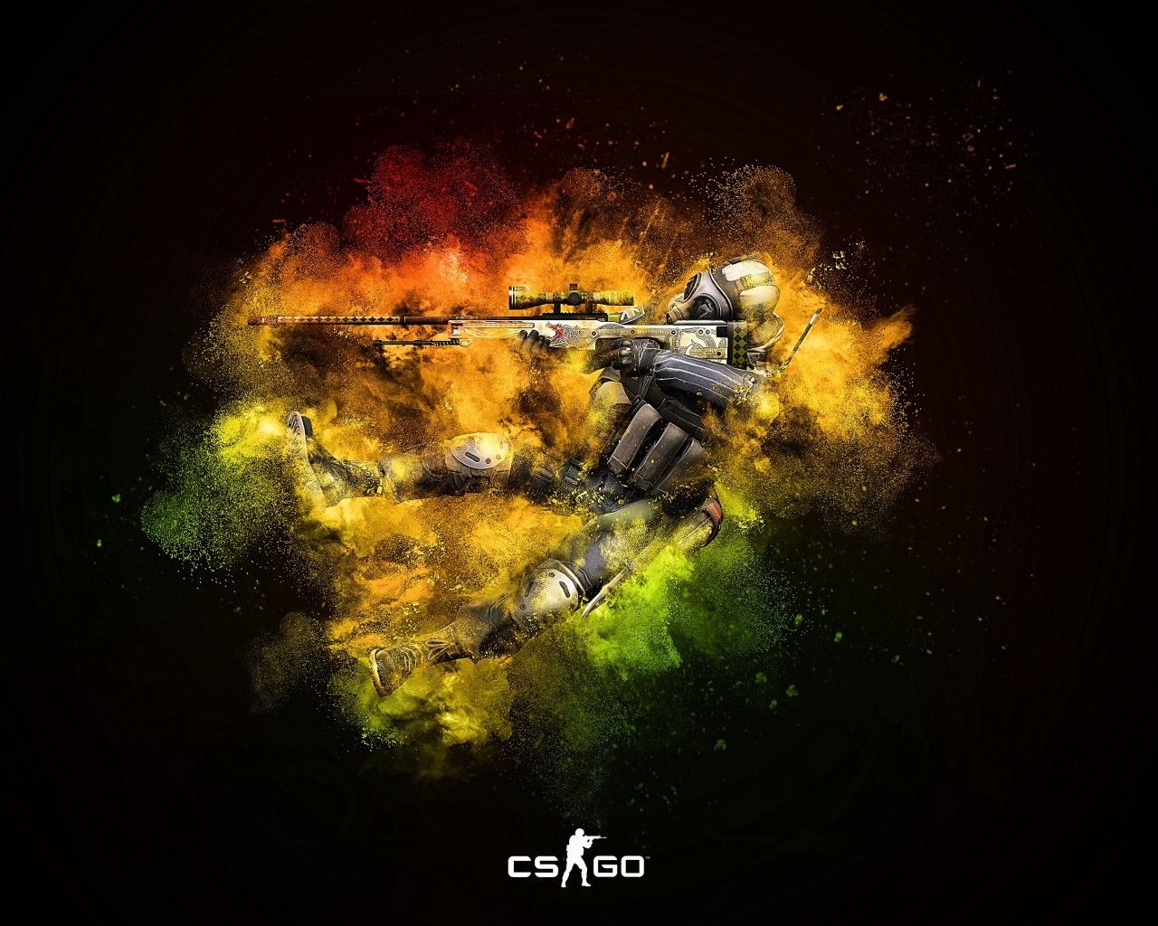 CS:GO, Soldat, Gelber Rauch, Partikel, Schwarzer Hintergrund, HD Wallpaper