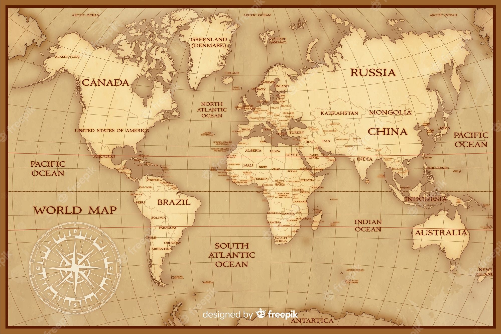 World Map, Vintage, Kompassrose, Beschriftung, Sepia, Full HD, Desktop-Hintergrund für Windows