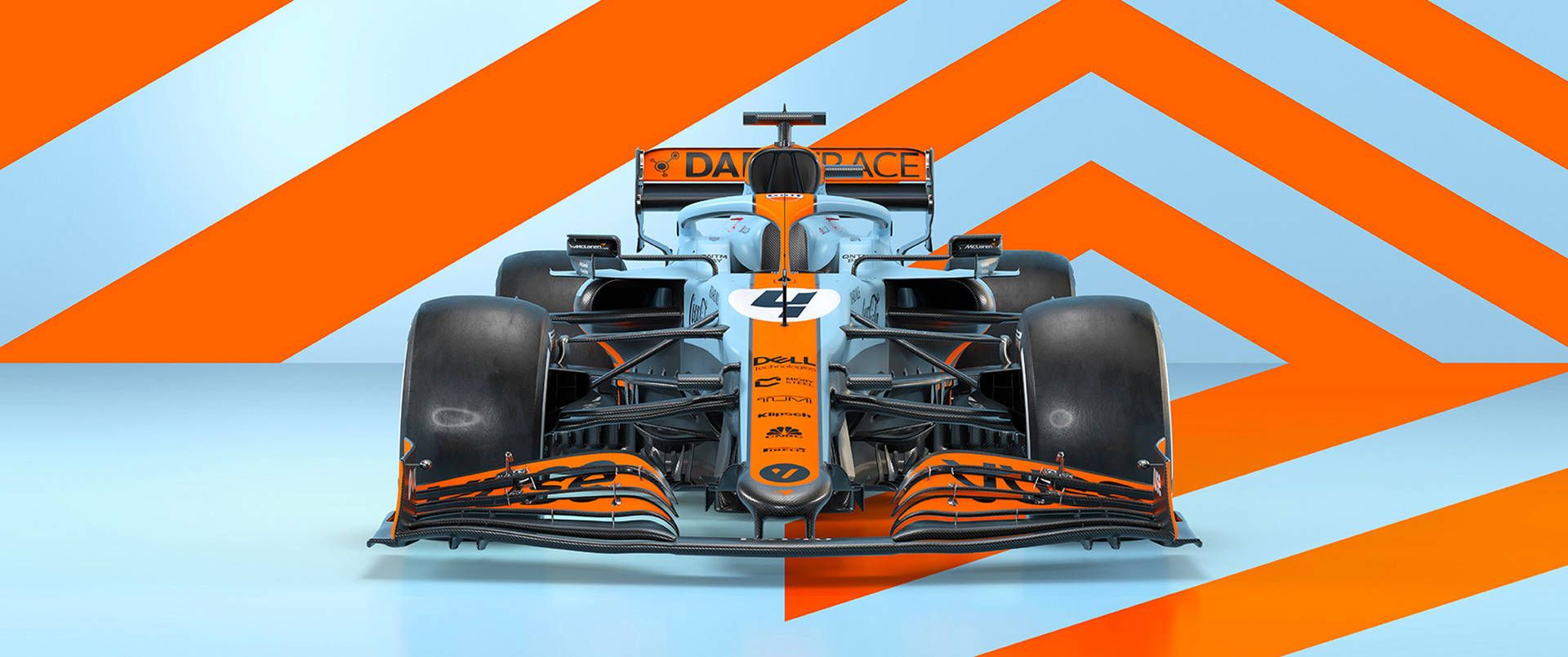 McLaren MCL35M, Gulf-Lackierung, Frontansicht, Orange Streifen, Hellblau, Full-HD-Hintergrundbild für PC