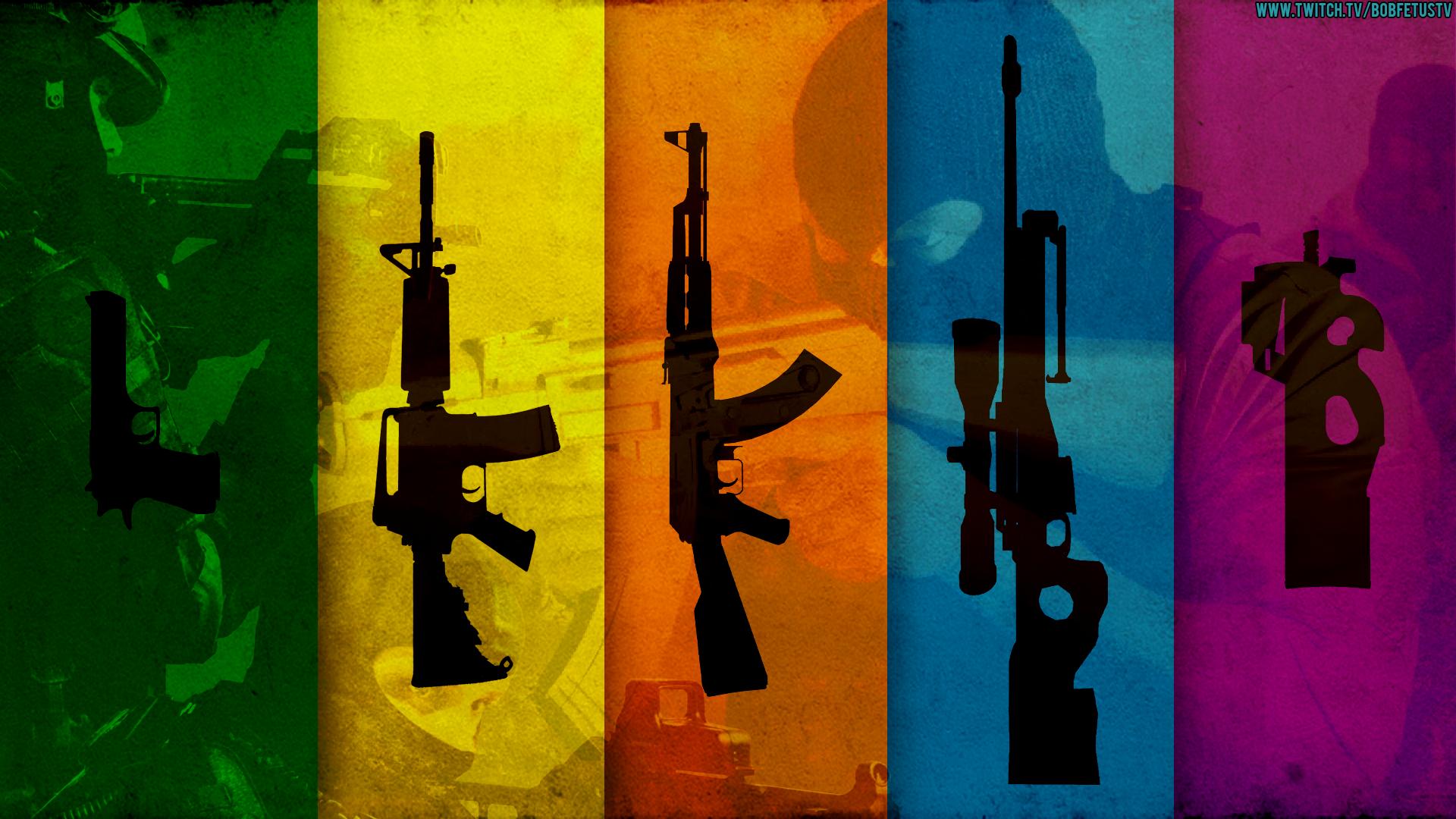 Waffensilhouetten, Pistole, AK-47, AWP, Regenbogenfarben, Streifen, Full HD, Breitbild-Hintergrundbild