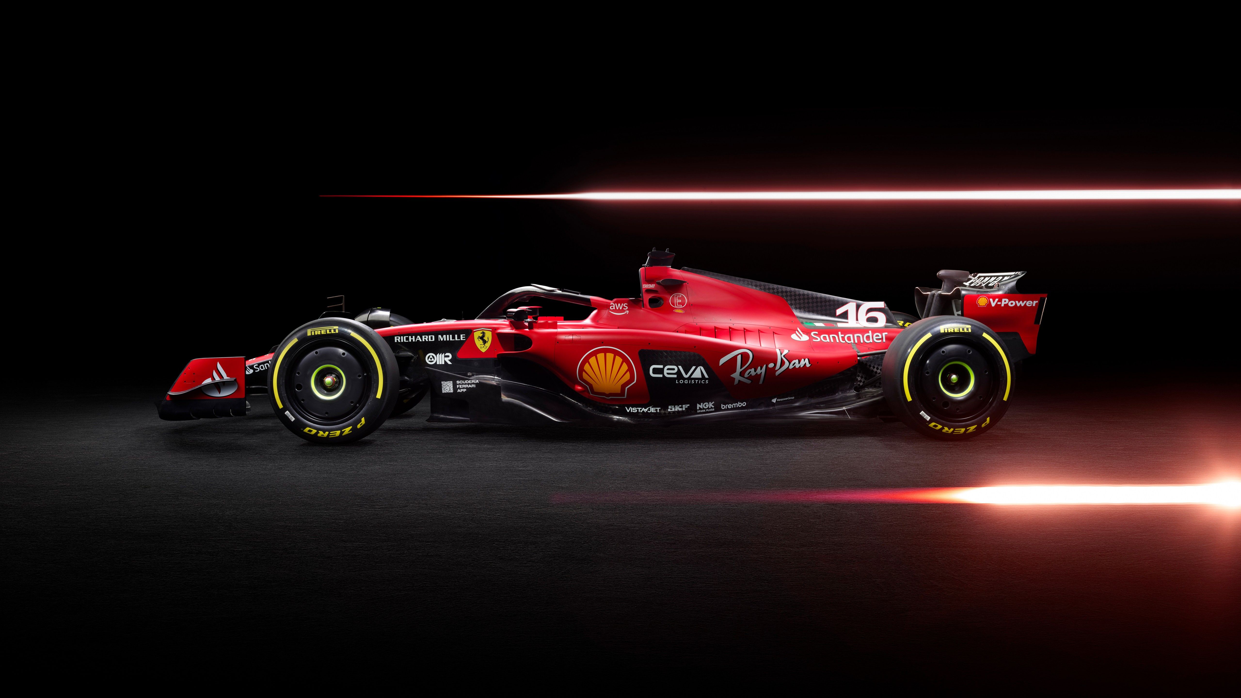 Ferrari SF-23, Scuderia Ferrari, Seitenansicht, Lichtstreifen, Schwarzer Hintergrund, 5K Wallpaper