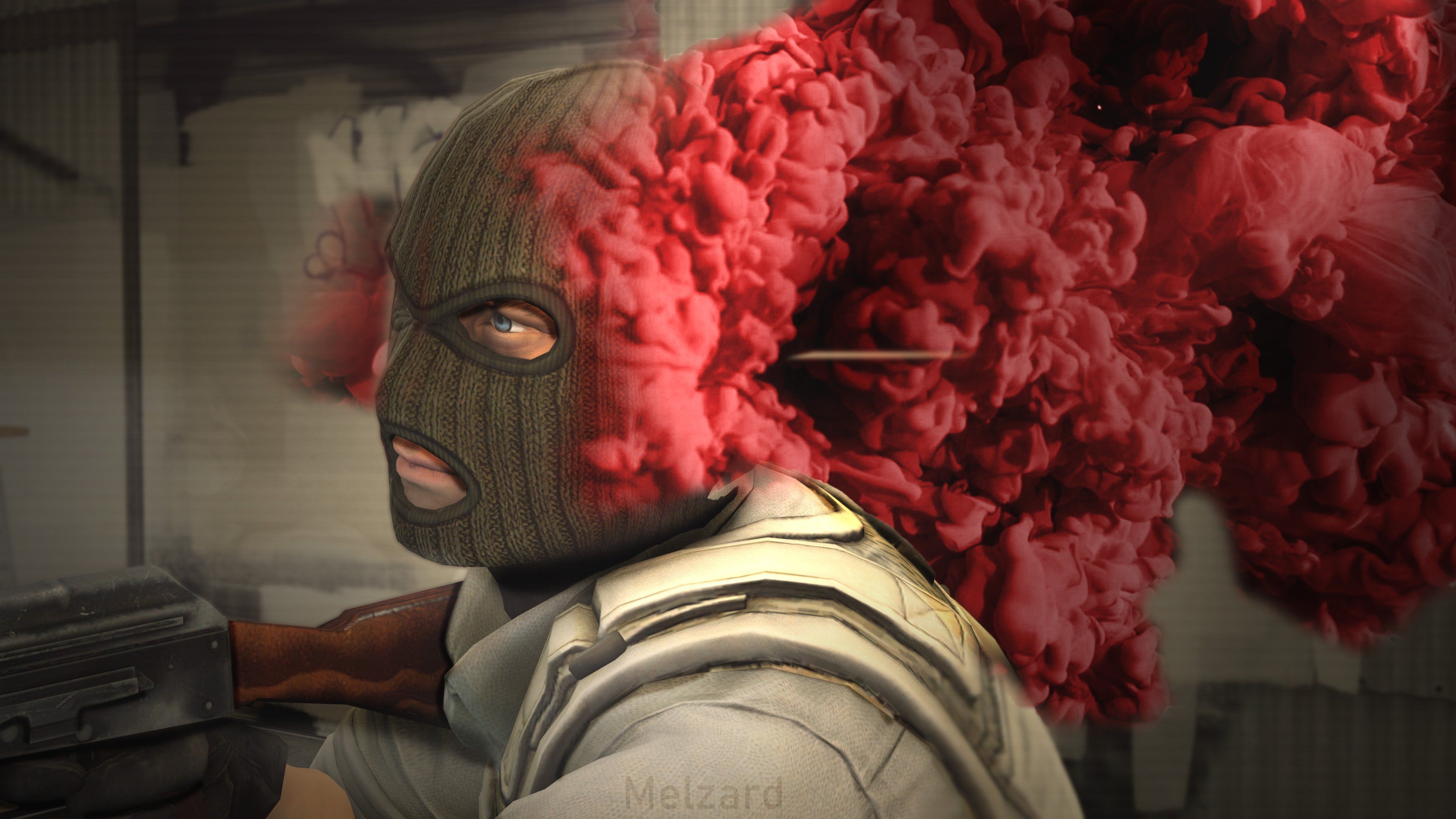 CS:GO, Terrorist, Sturmhaube, Roter Rauch, Sturmgewehr, 16:9, 4K-Hintergrundbild für den Desktop