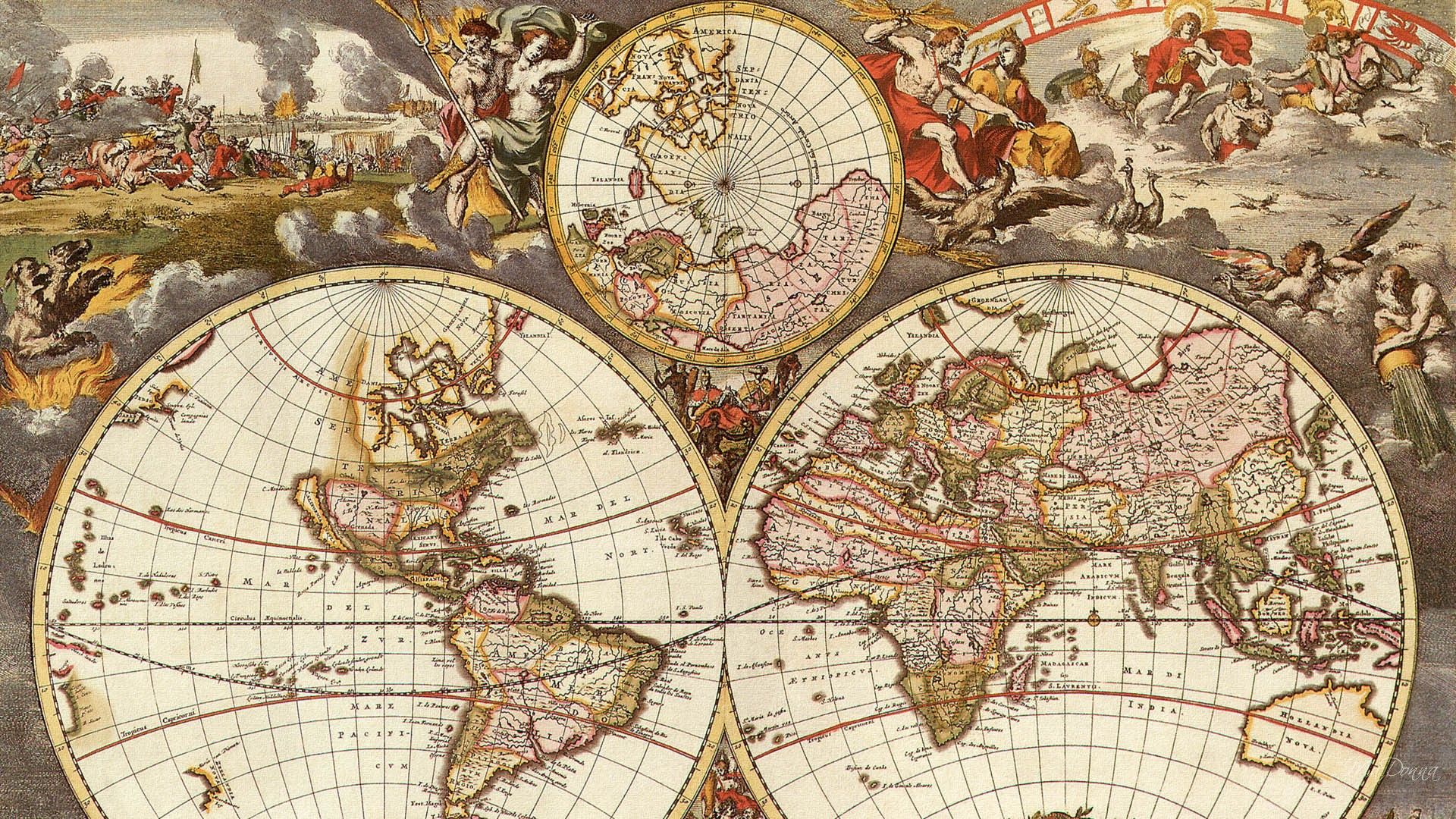 Historische Karte, Doppelhemisphäre, Barock, Allegorien, Antik, Full HD, Breitbild-Hintergrundbild