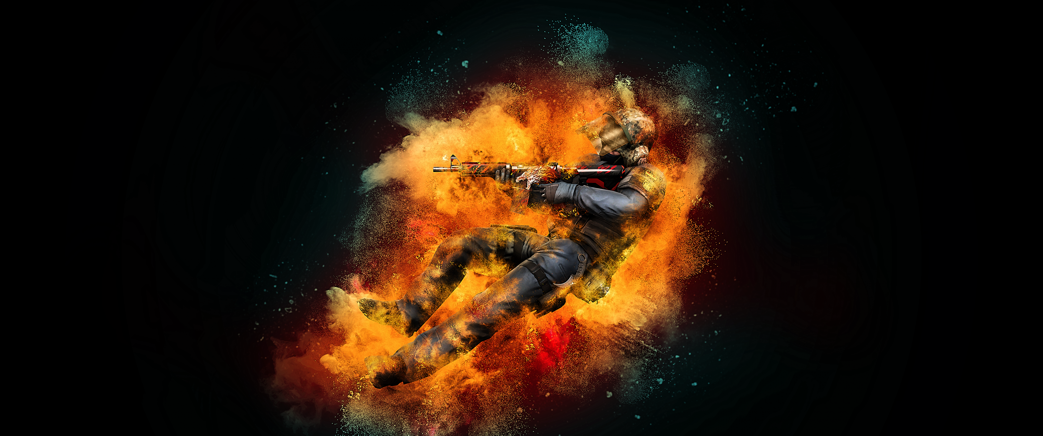CS:GO, Soldat, Orange Rauch, Partikel, Schwarzer Hintergrund, 2K Wallpaper