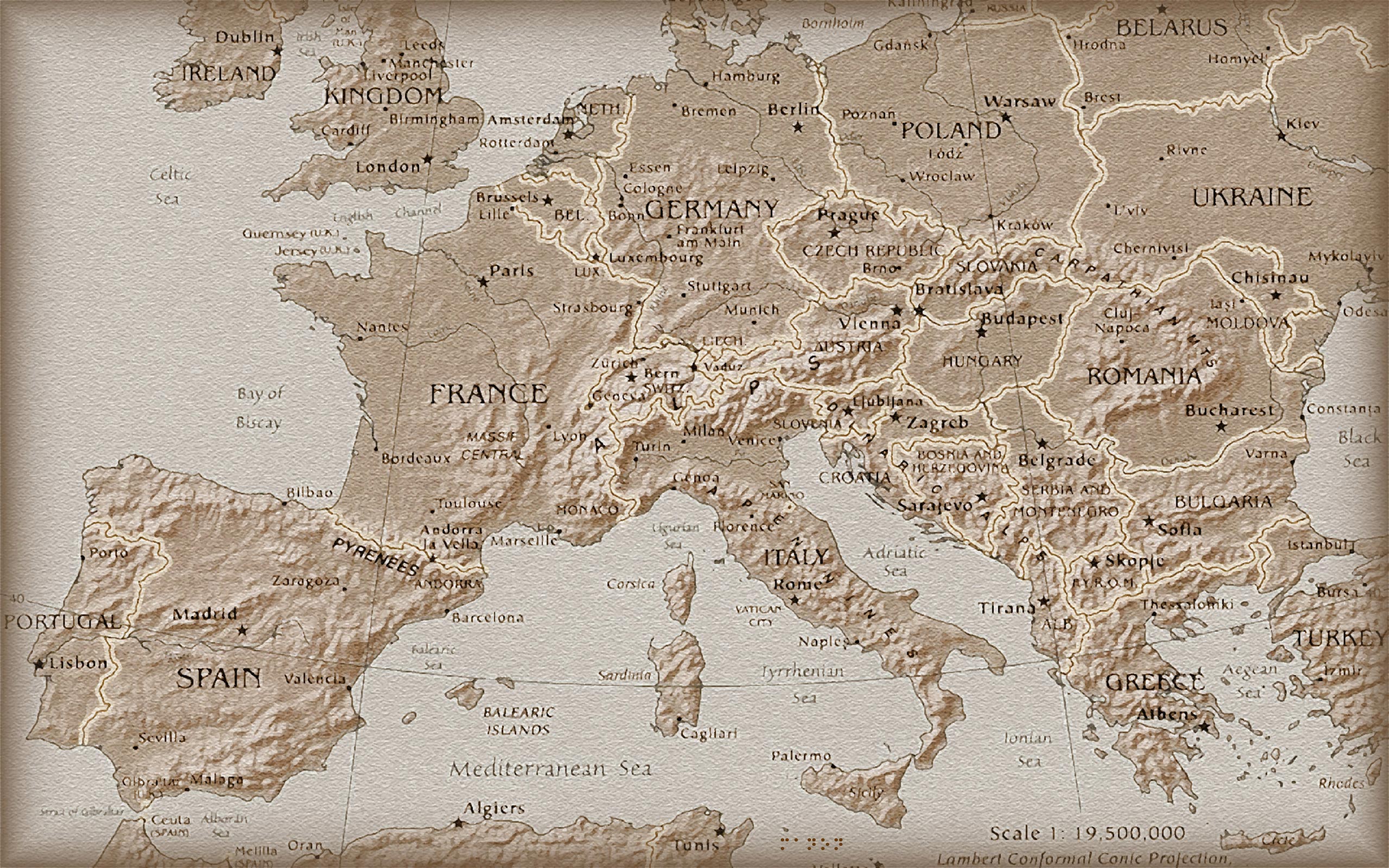 Europa, Reliefkarte, Beige, Vintage, 16:10, 2K-Hintergrundbild für den Desktop