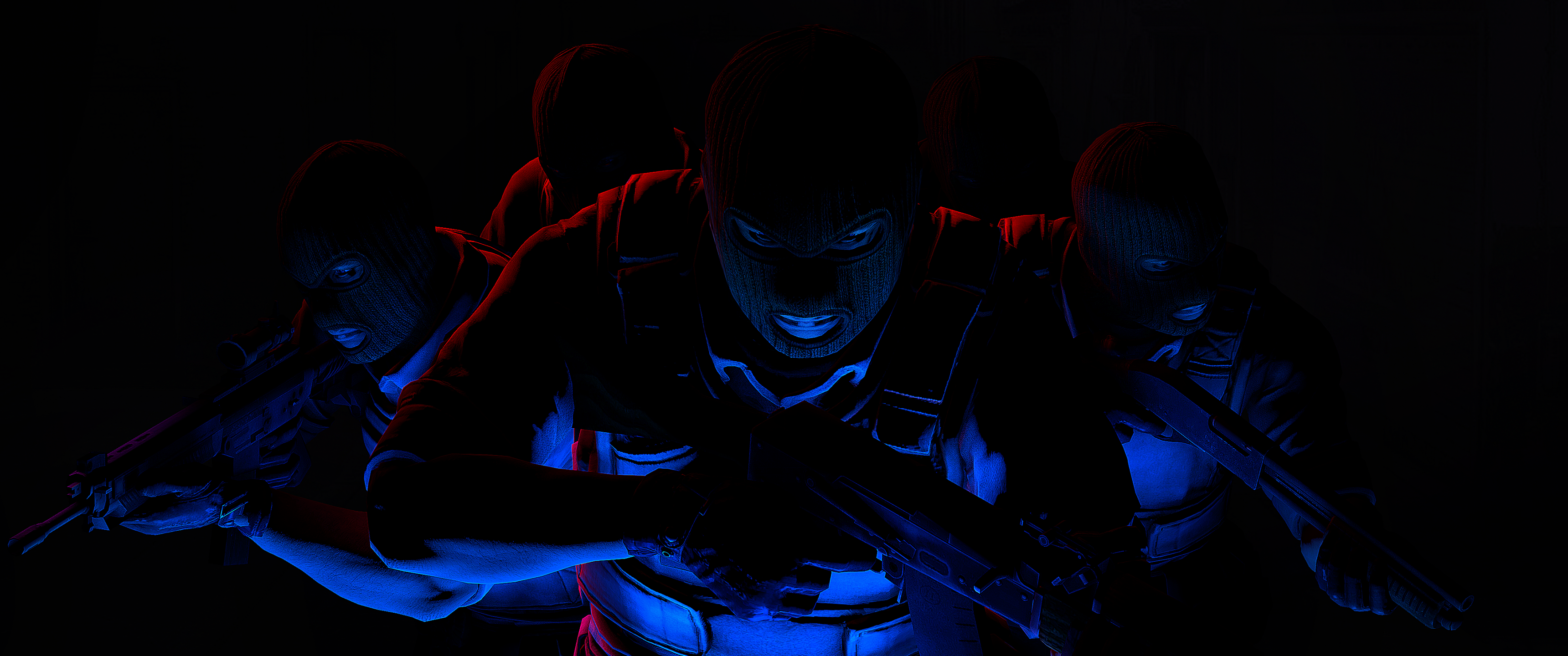 CS:GO, Soldaten, Blaues und rotes Licht, Dunkel, Silhouetten, 2K, PC-Hintergrundbild